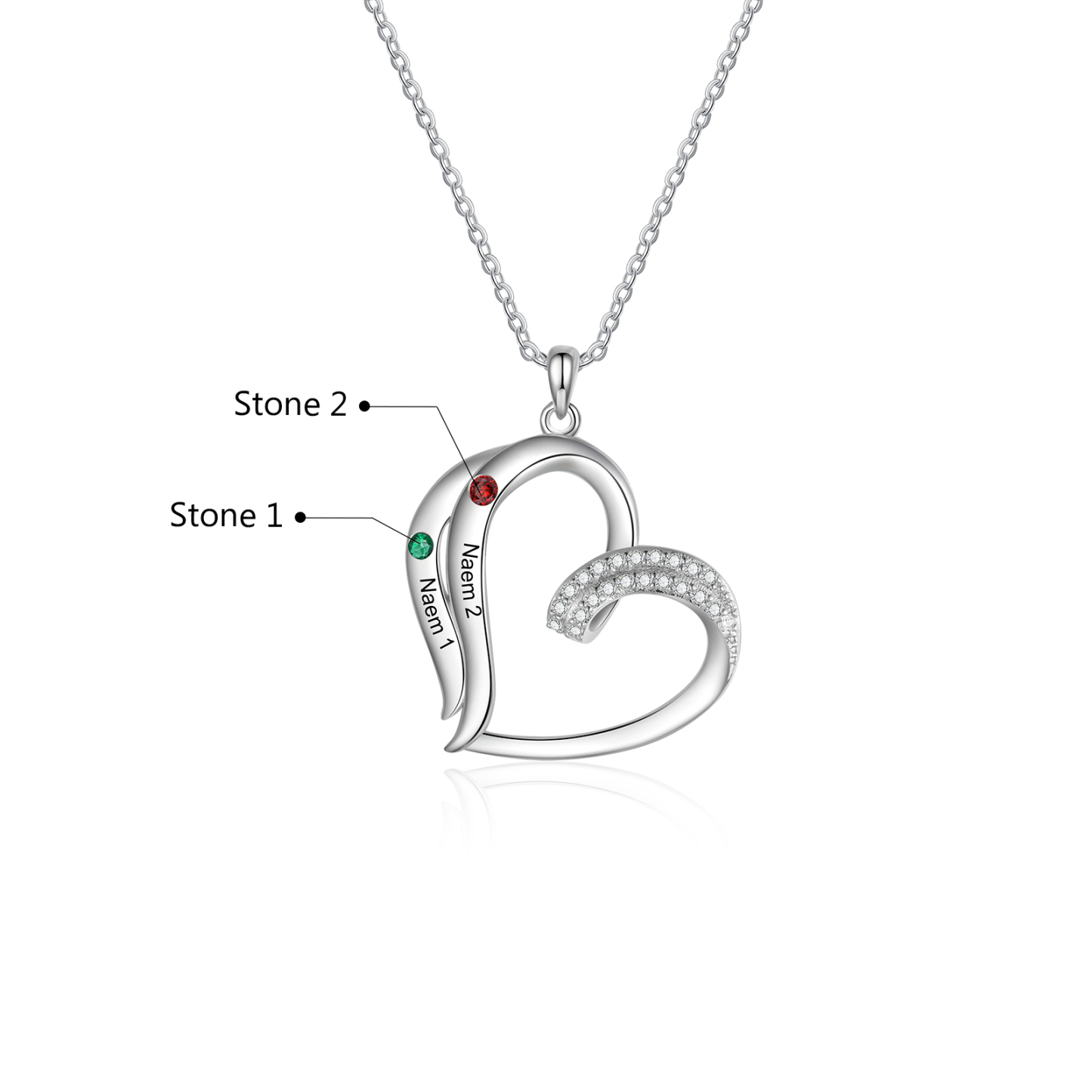 Collier Coeur 2 Prénoms Personnalisés avec Pierre de naissance pour Femmes|Jessemade