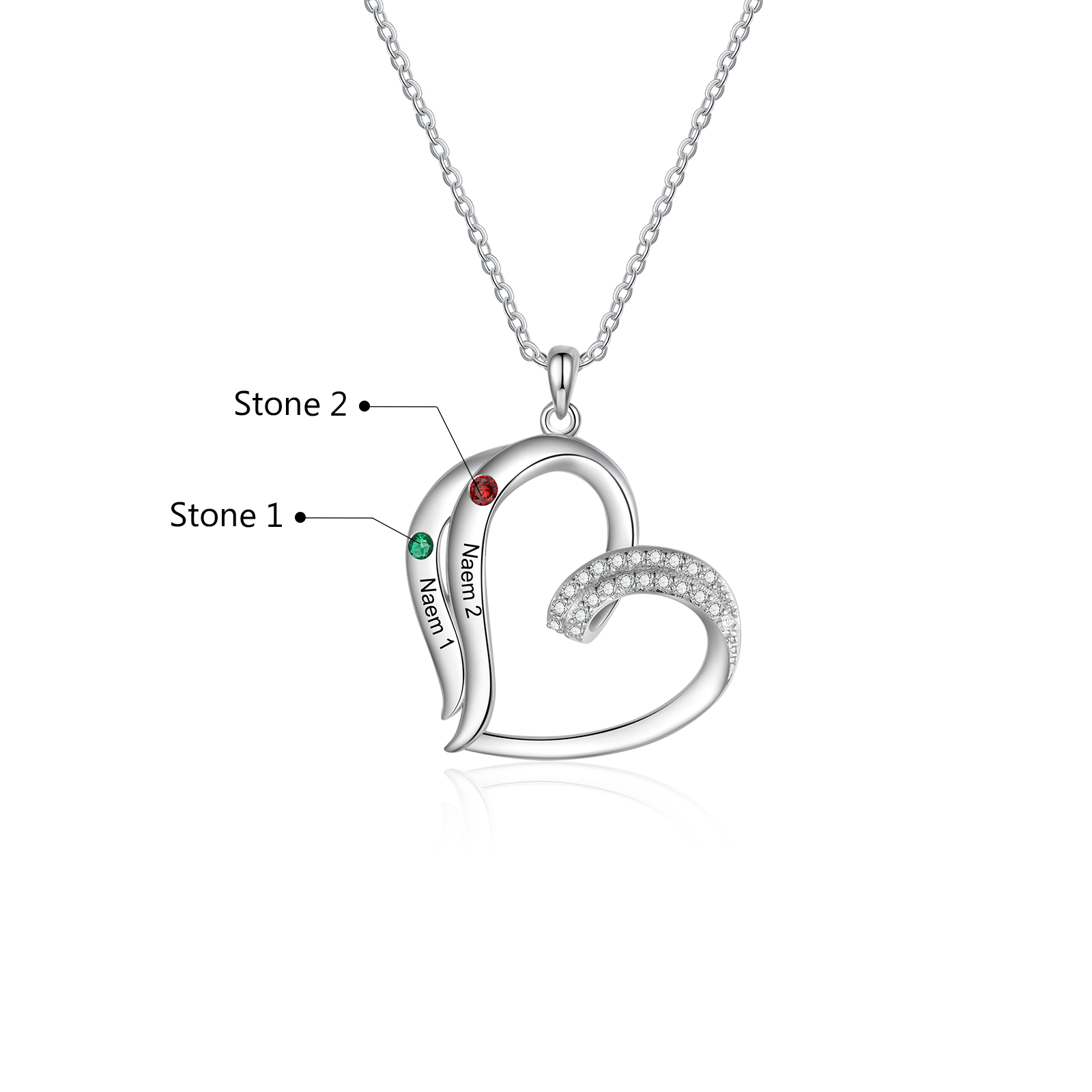 Collier Coeur 2 Prénoms Personnalisés avec Pierre de naissance pour Femmes|Jessemade
