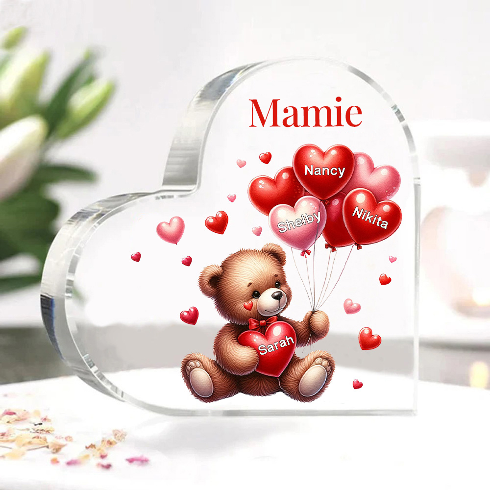 À ma Maman/Mamie - Plaque Acrylique en Forme de Cœur Ours 4 Prénoms Personnalisés avec 1 Texte