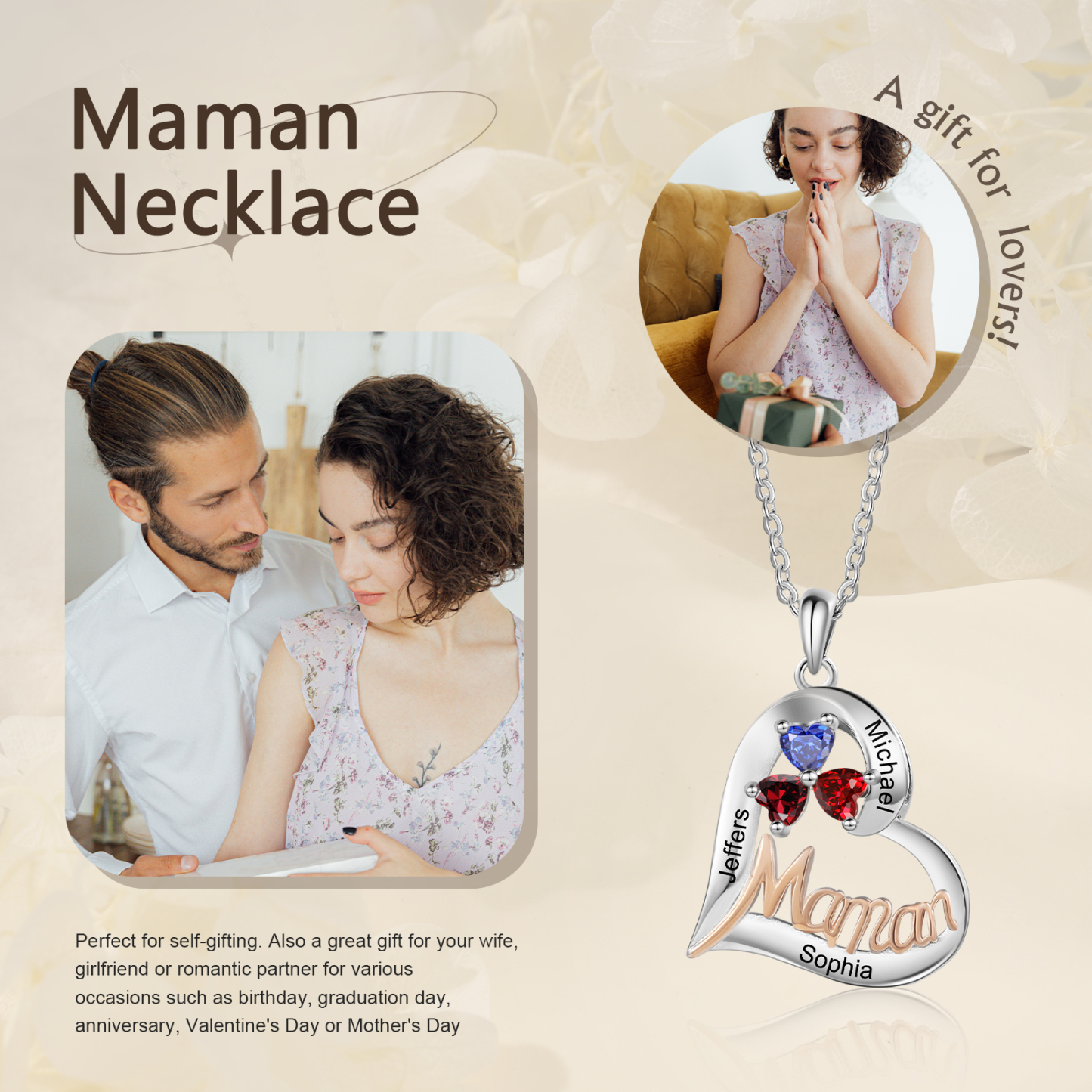 3PCS Coffret Cadeau - Portefeuille, Collier Coeur et Carte Personnalisés avec 3 Prénoms et Dessins Enfant et Pierres de Naissance | Jessemade