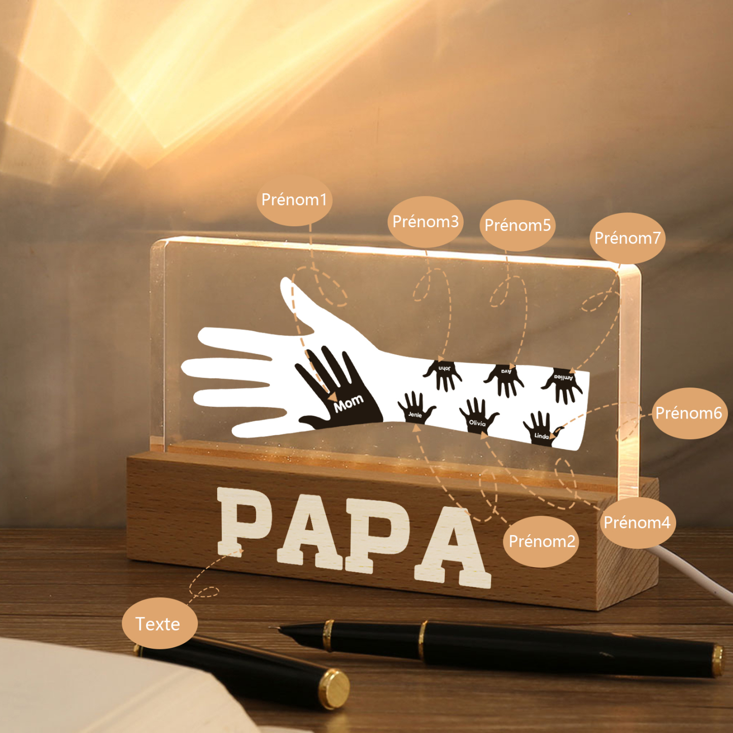 À Papa/Maman- Lampe de chevet LED Mains 7 Prénoms Personnalisés avec Texte pour Famille