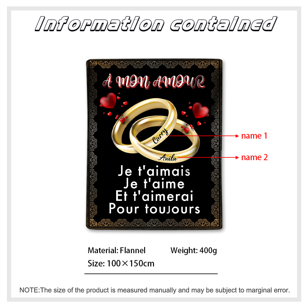 À mon Amour - Plaid Personnalisé Bague 2 Prénoms Personnalisés Couverture en Flanelle pour Couple  | Jessemade