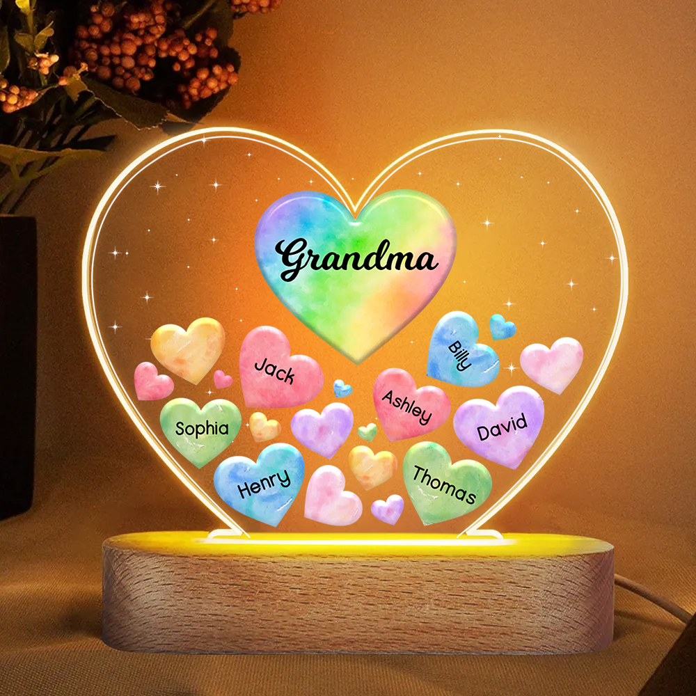 À Maman/Mamie - Lampe de chevet LED Cœurs 7 Prénoms Personnalisés avec 1 Texte