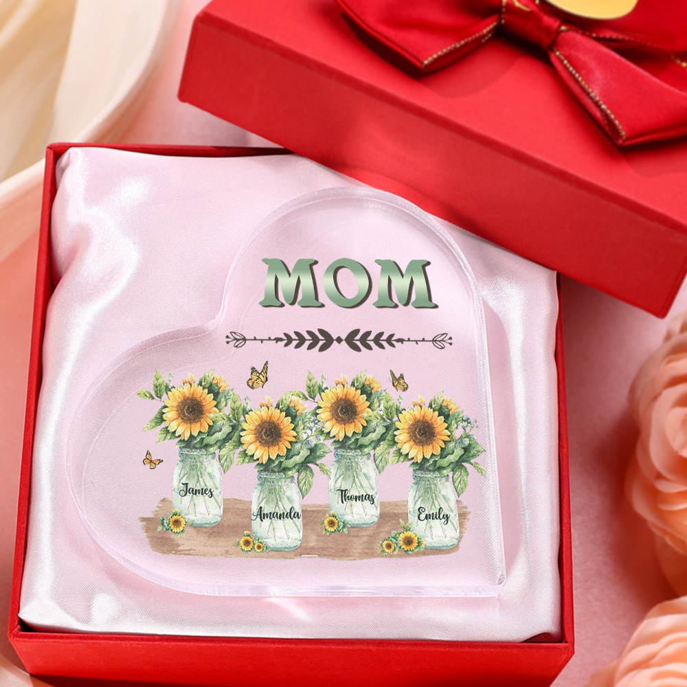 À ma Maman/Mamie - Plaque Acrylique en Forme de Cœur Fleurs 4 Prénoms Personnalisés avec 1 Texte