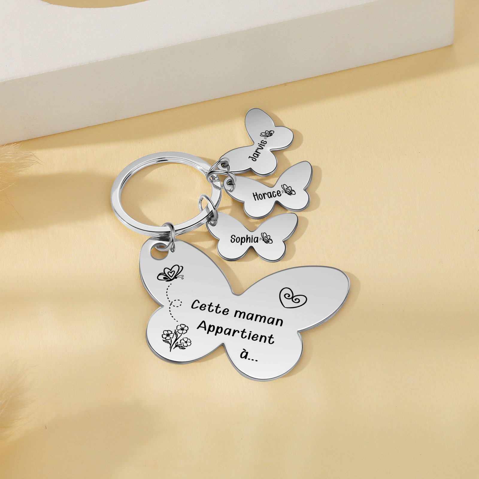 À Maman/Mamie - Porte-Clés Papillon 3 Prénoms Personnalisés avec Texte 