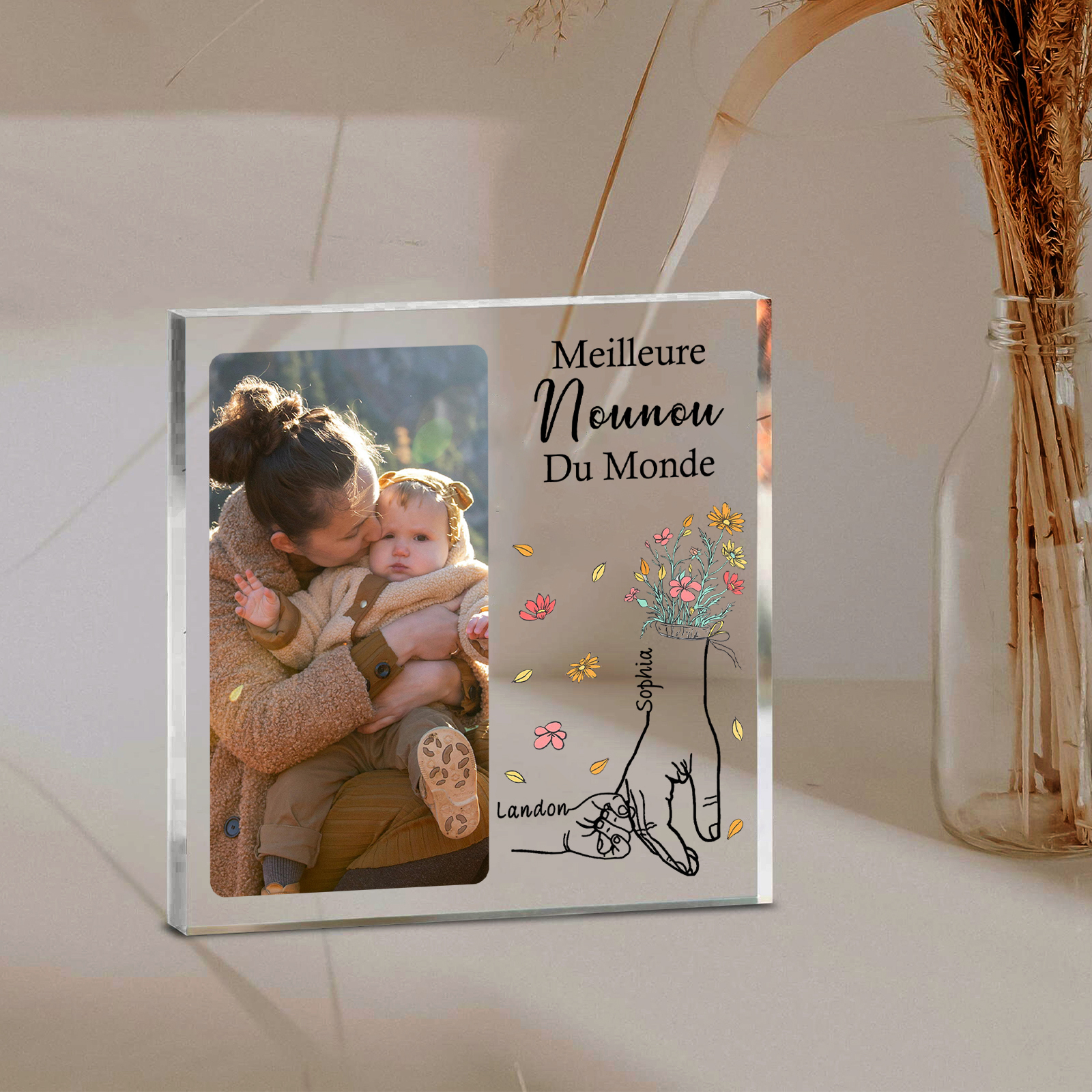 À ma Nounou - Plaque Acrylique Carrée la Main dans la Main 2 Prénoms Personnalisés avec Photo