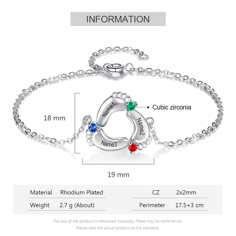 Bracelet 3 Prénom Personnalisé pied bebe avec 3 pierre de naissance