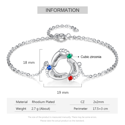 Bracelet 3 Prénom Personnalisé pied bebe avec 3 pierre de naissance