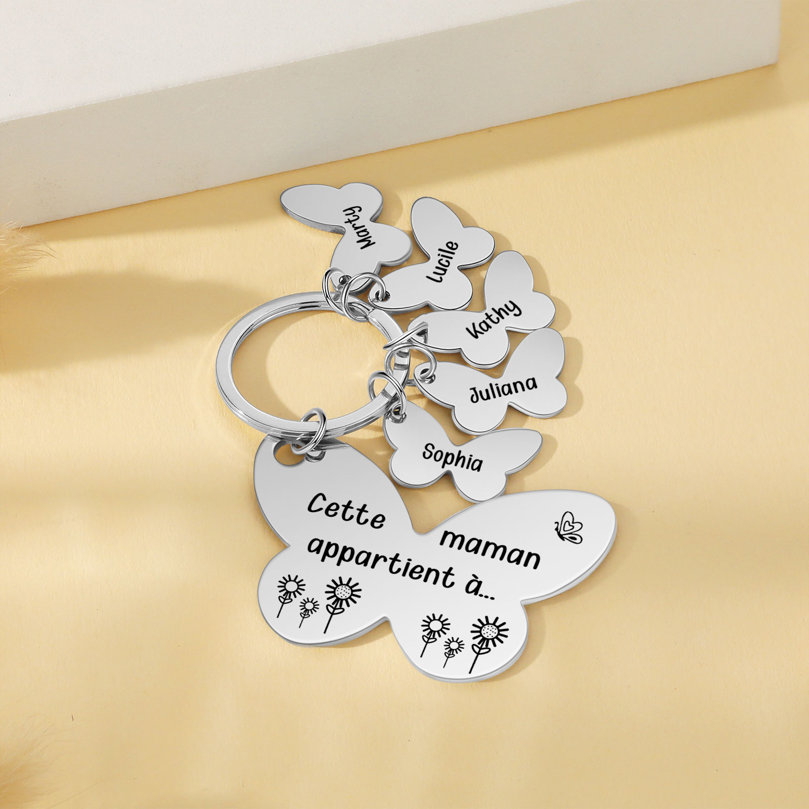 À Maman/Mamie - Porte-Clés Papillon 5 Prénoms Personnalisés avec Texte 
