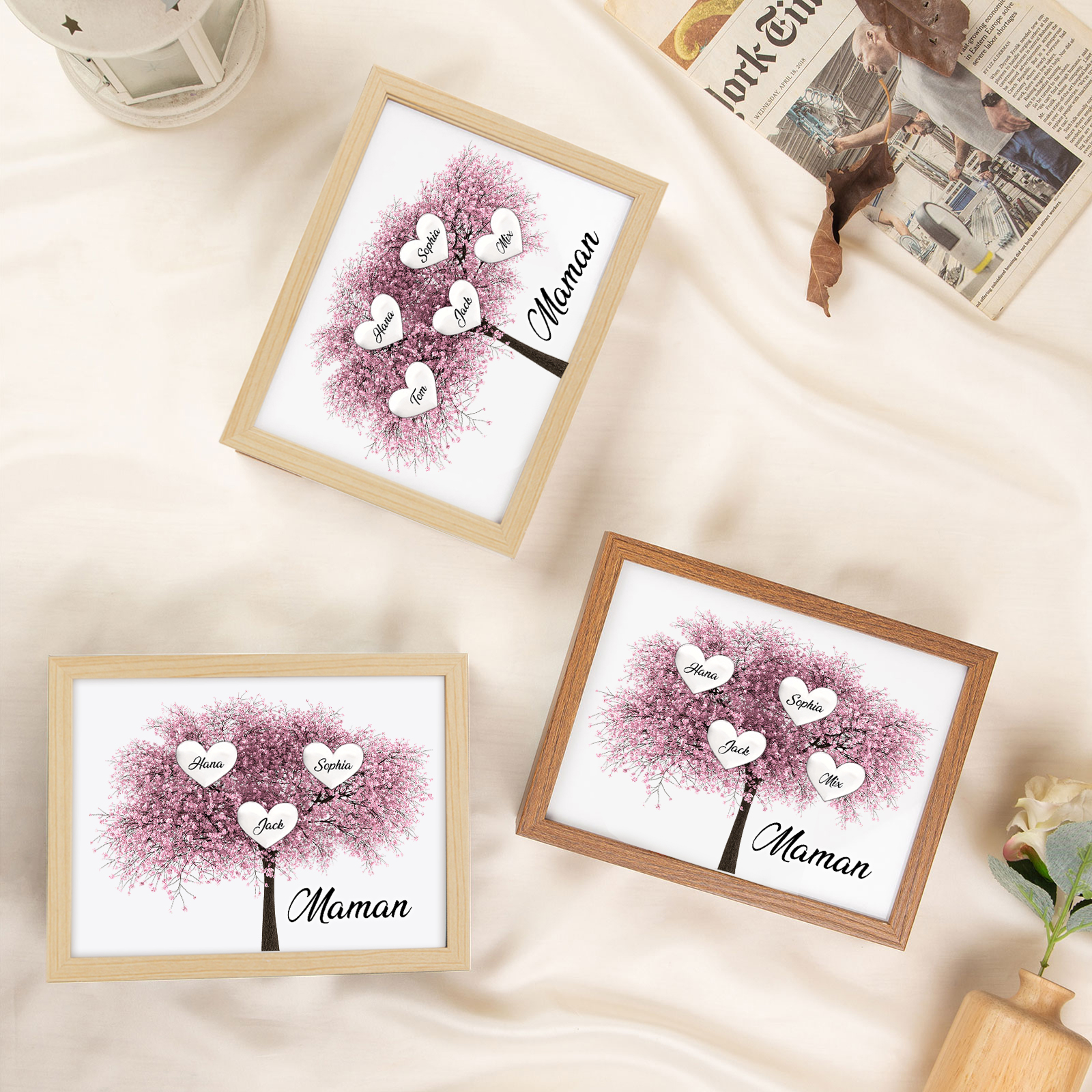 Cadre Photo LED Arbre de Vie 3 Prénoms et 1 Texte Personnalisé Décoration Famille