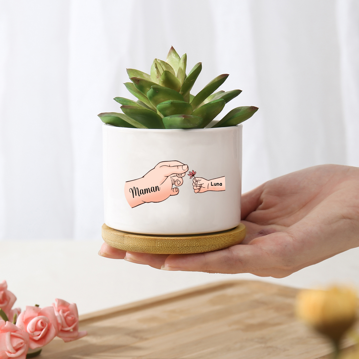 Vase/Pot de Fleurs mains et enfants 2 Prénoms Personnalisés Décoration de la Maison (sans plantes)