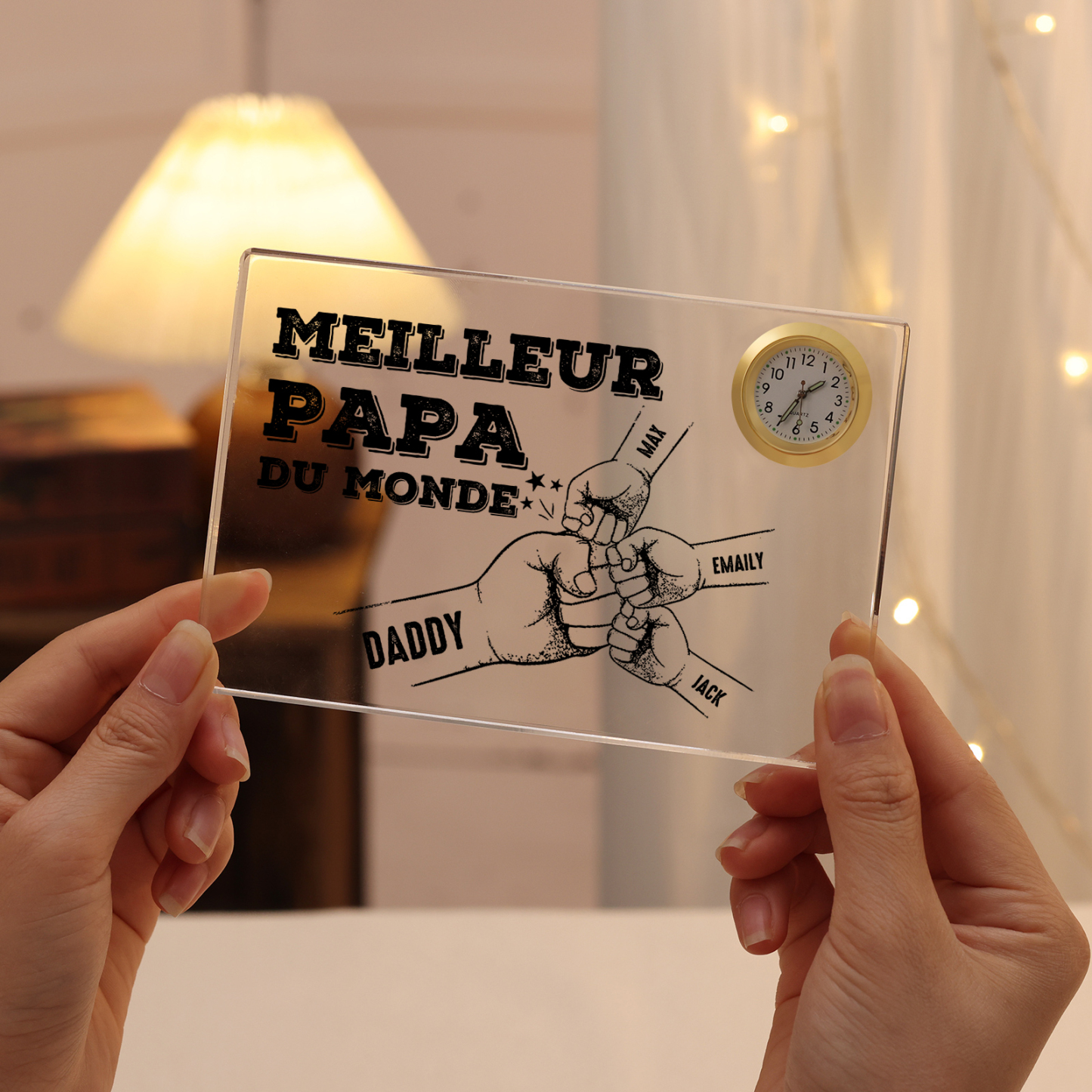À mon Papa - Plaque Acrylique rectangle avec Horloge Poings 4 Prénoms Personnalisés
