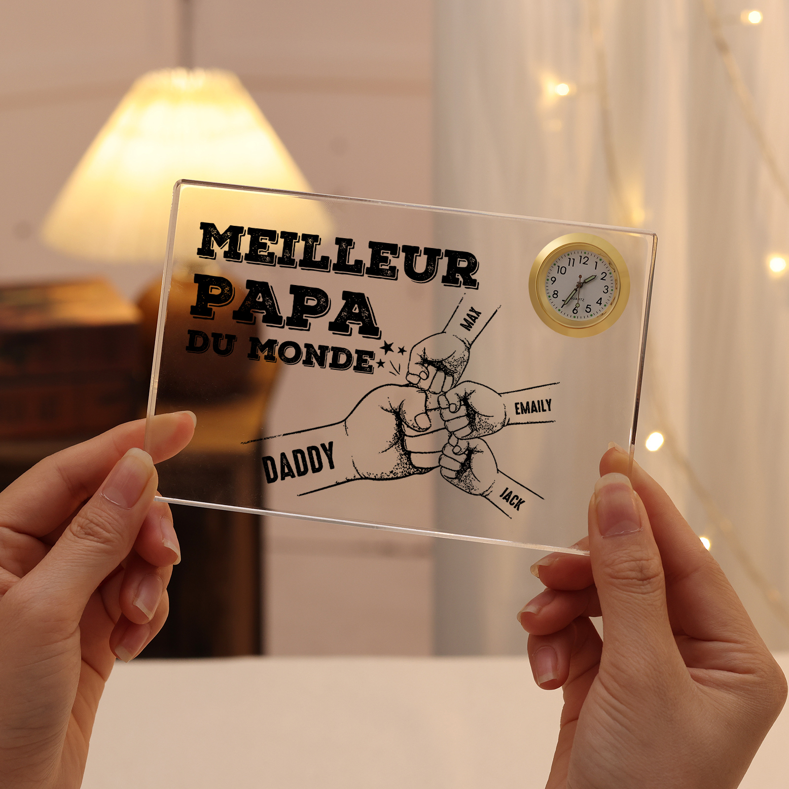 À mon Papa - Plaque Acrylique rectangle avec Horloge Poings 4 Prénoms Personnalisés