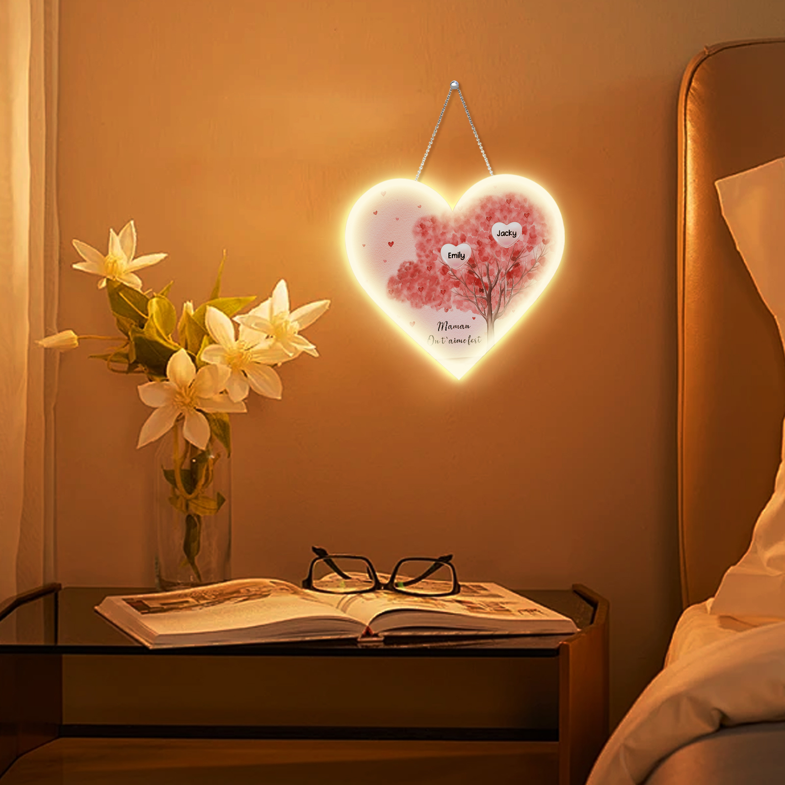 À Maman/Mamie - Veilleuse Cœur Arbre Décoration 2 Prénoms Personnalisés avec 1 Texte