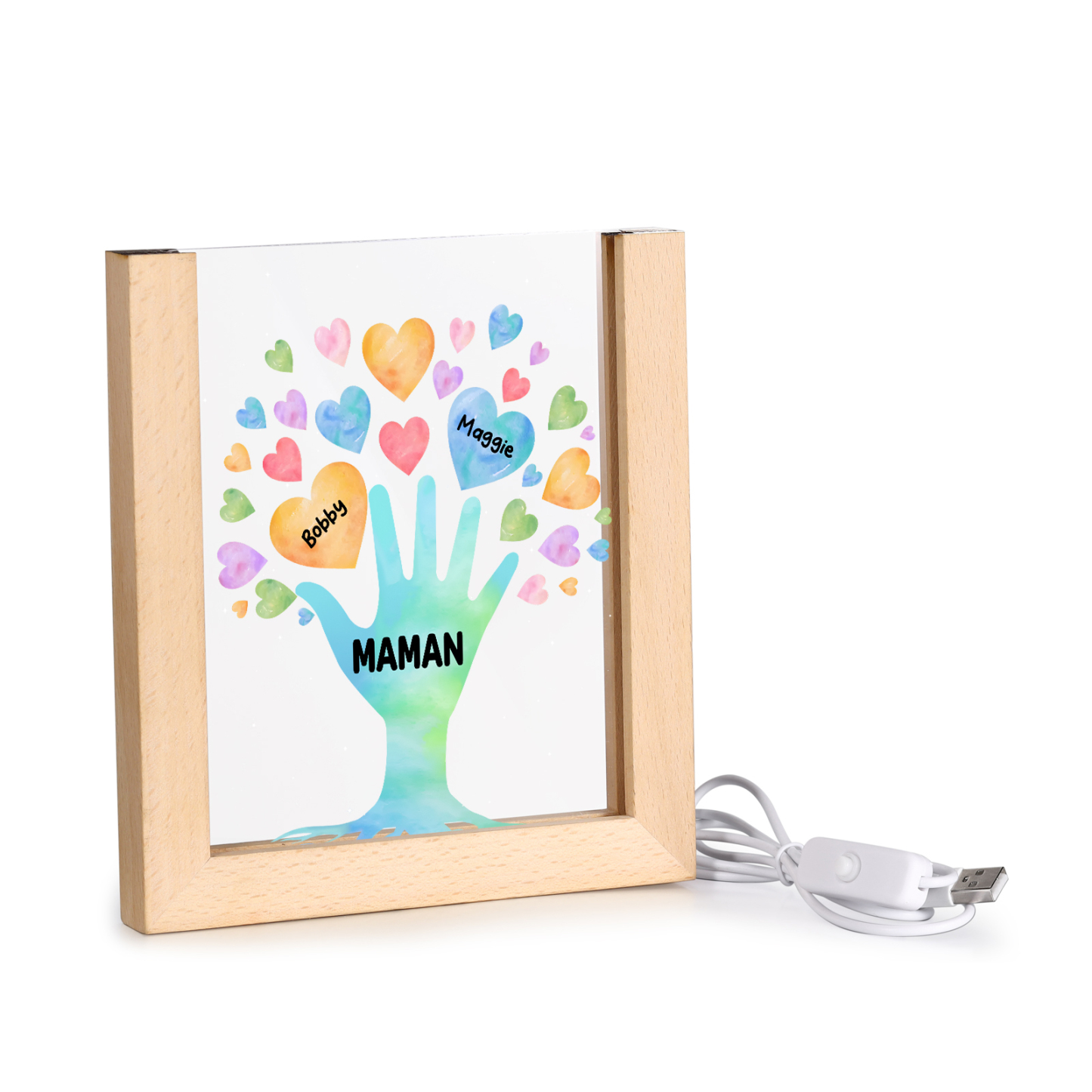 À Maman/Mamie - Lampe de chevet LED Main et Cœur 2 Prénoms Personnalisés avec 1 Texte