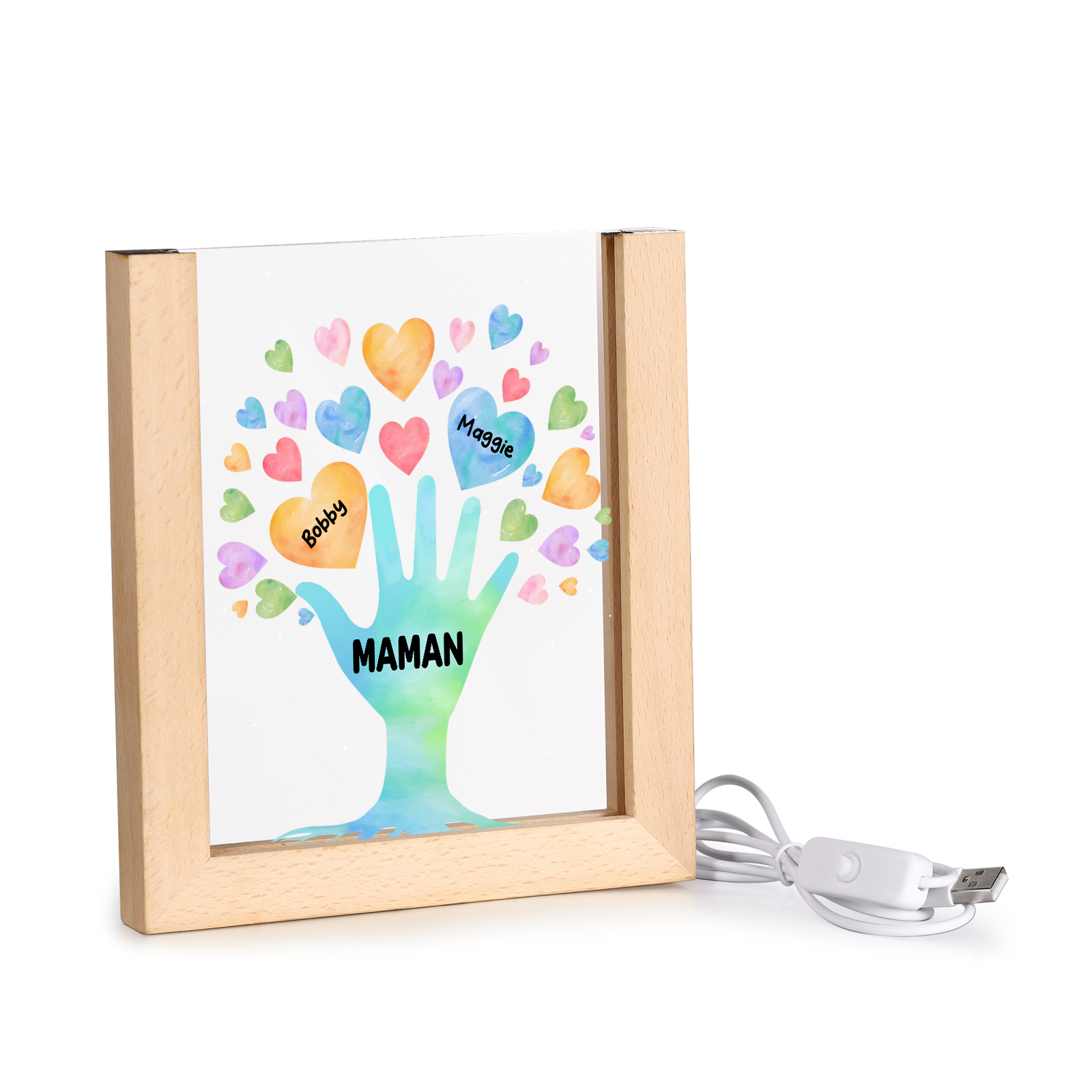 À Maman/Mamie - Lampe de chevet LED Main et Cœur 2 Prénoms Personnalisés avec 1 Texte