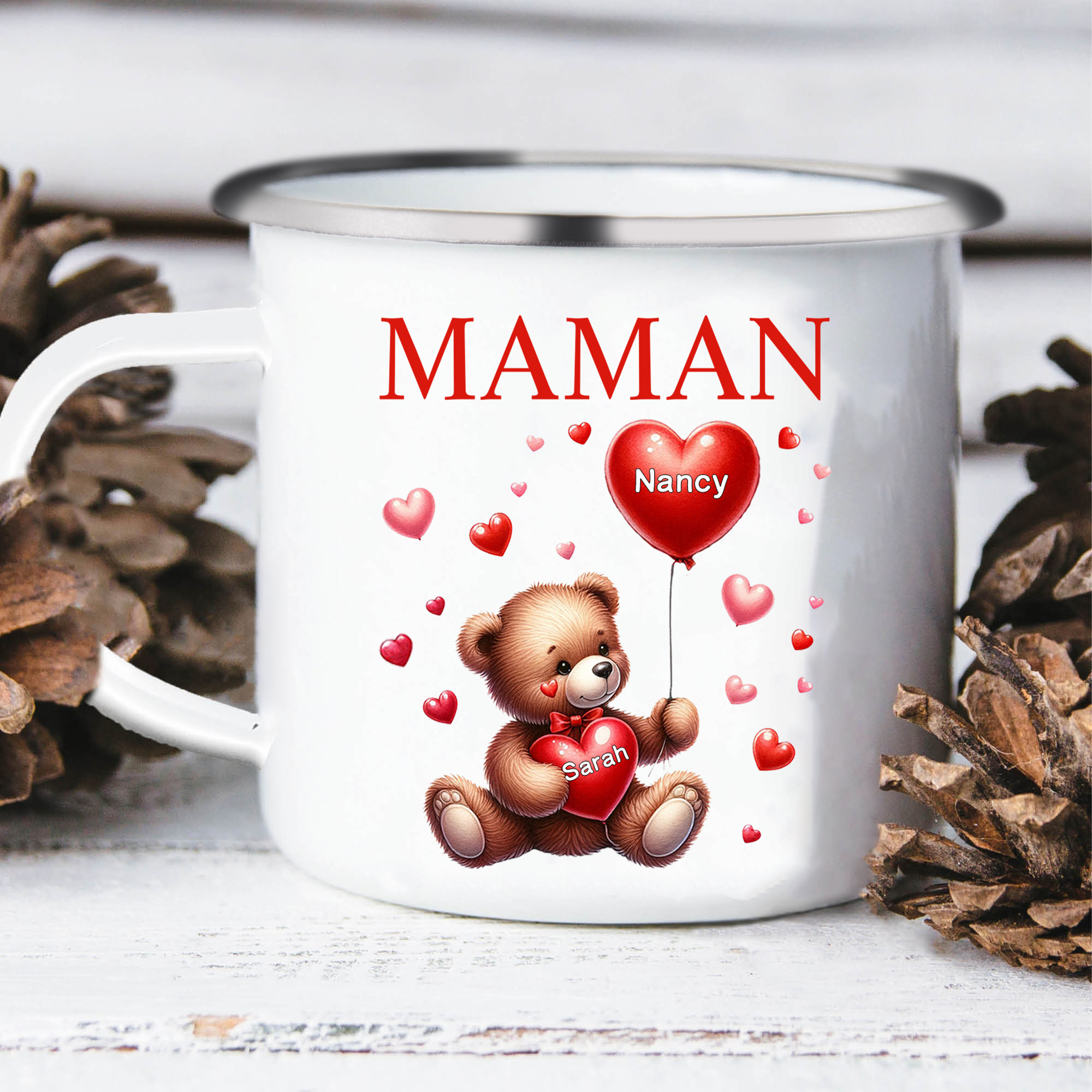 À Maman/Mamie - Tasse émaillée Ours 2 Prénoms Personnalisés