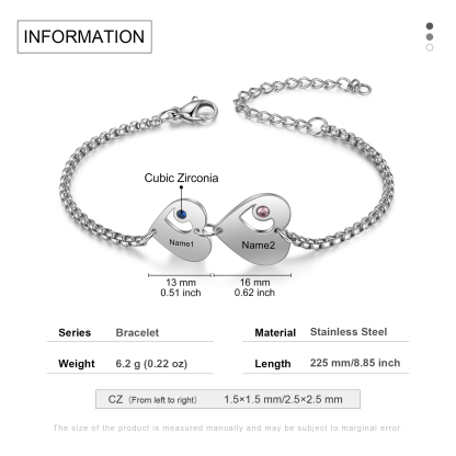 Bracelet Cœur 2 Prénom Personnalisé Bracelet Pierre De Naissance pour Femme｜Jessemade