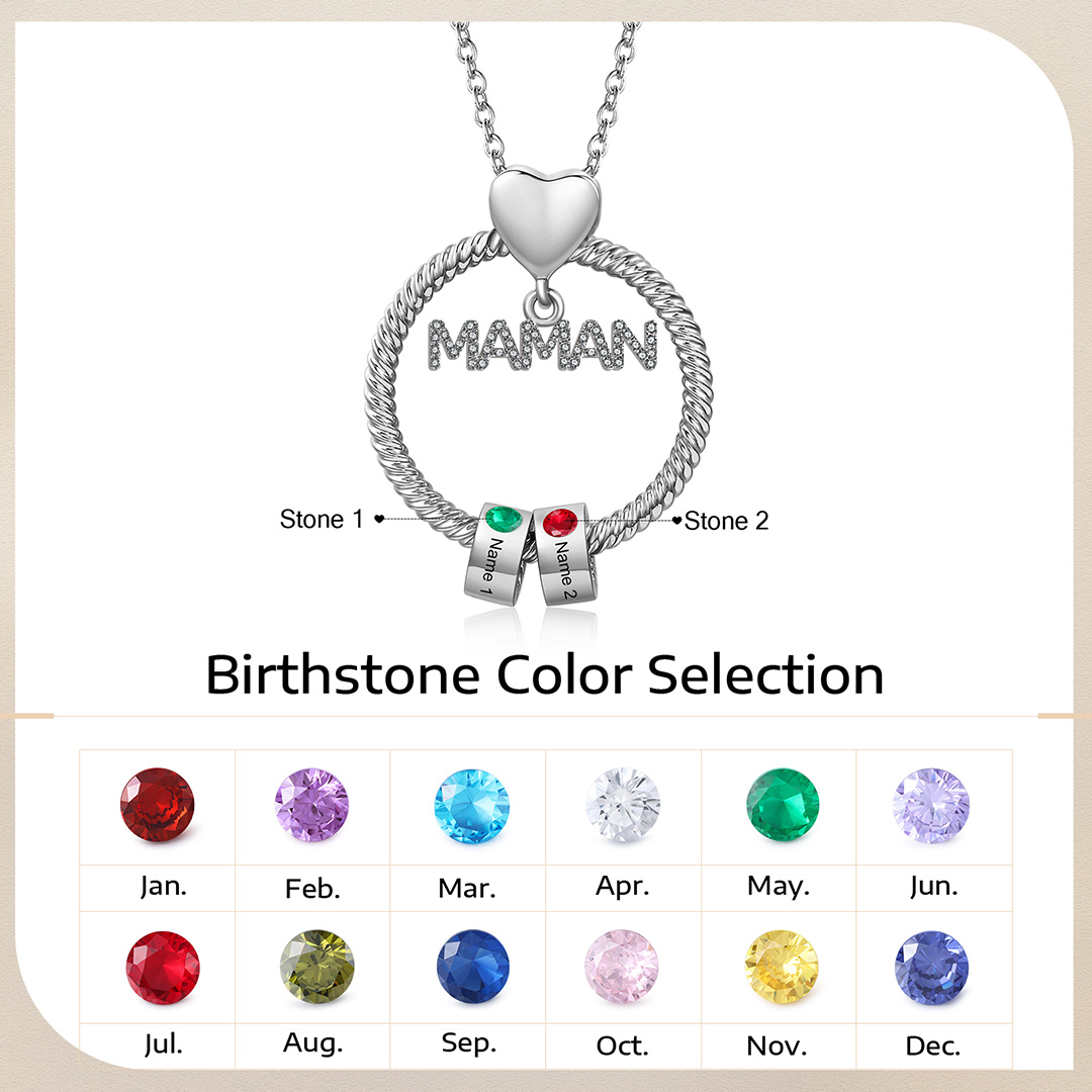 À ma Maman - Collier Pendentif 2 Prénoms Personnalisés avec Pierre de naissance