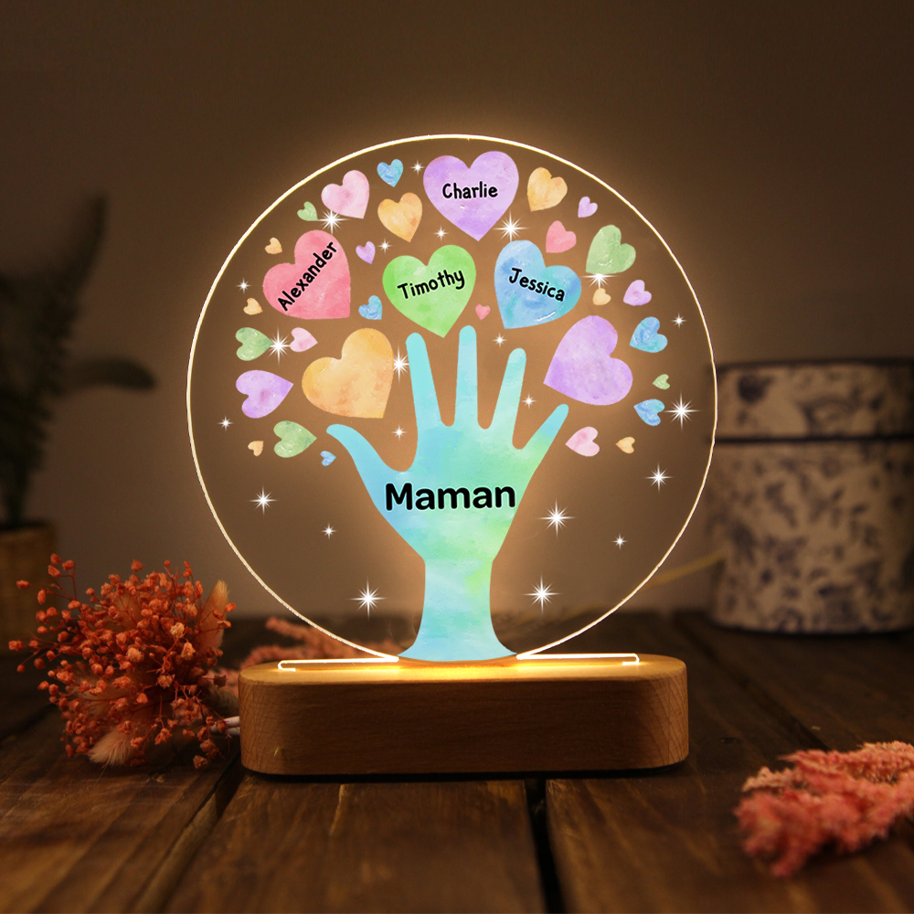 À Maman/Mamie - Lampe de chevet LED Lumières Cœur 4 Prénoms Personnalisés avec 1 Texte pour Famille