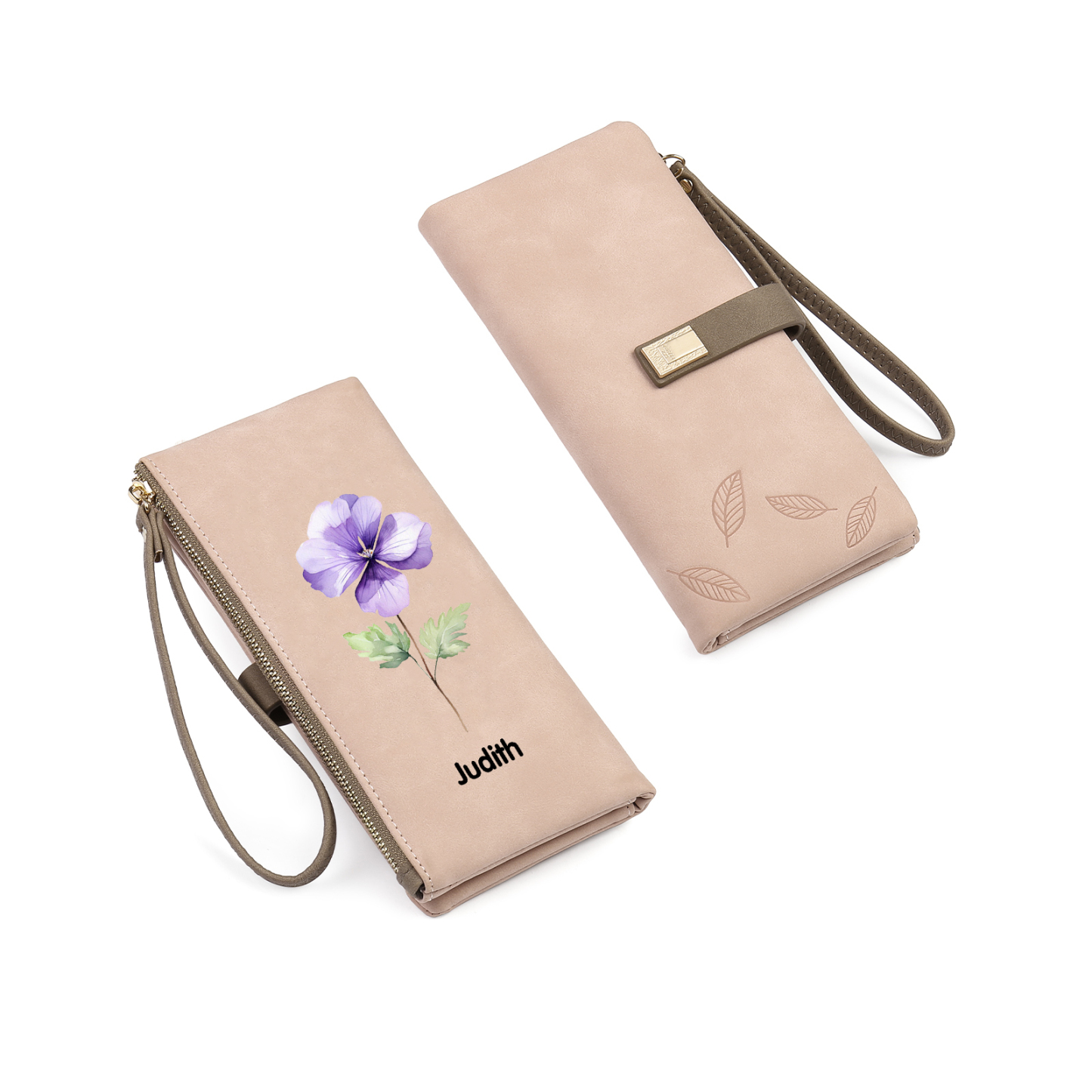 Portefeuille Femmes 1 Prénom Personnalisé avec Fleur de Naissance Porte-Monnaie Carte