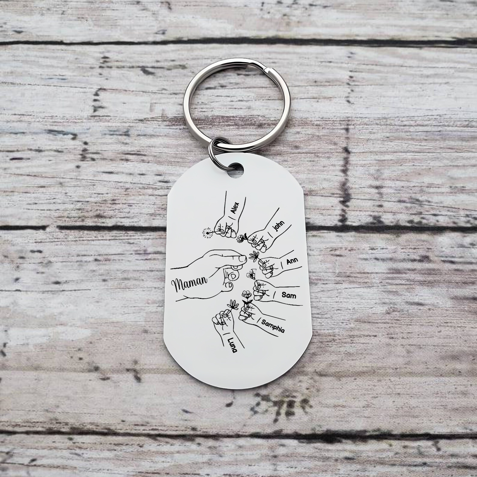À ma Maman/Mamie - Porte-Clés 2-7 Prénoms Personnalisés Porte-Clés Mains et Fleurs