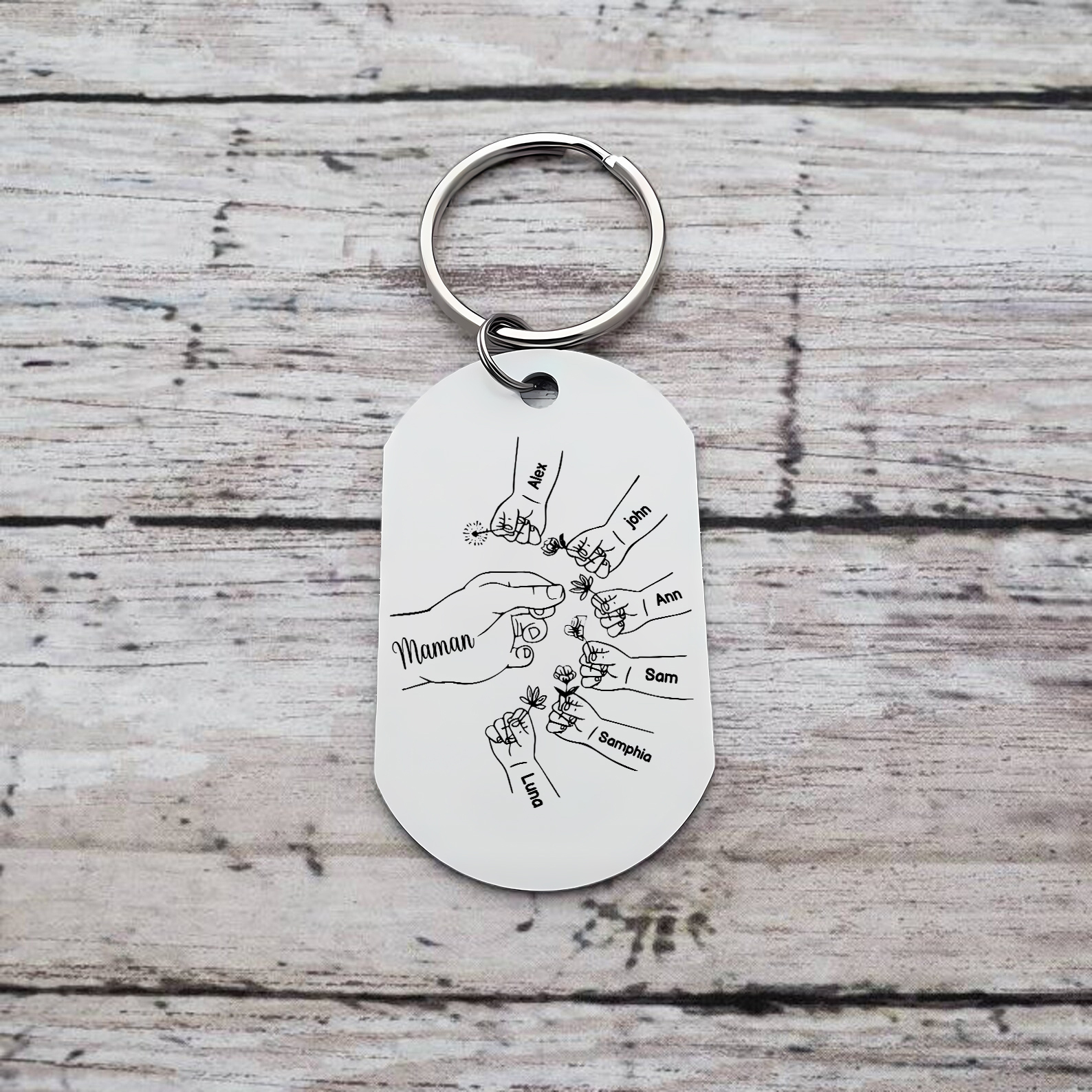 À ma Maman/Mamie - Porte-Clés 2-7 Prénoms Personnalisés Porte-Clés Mains et Fleurs