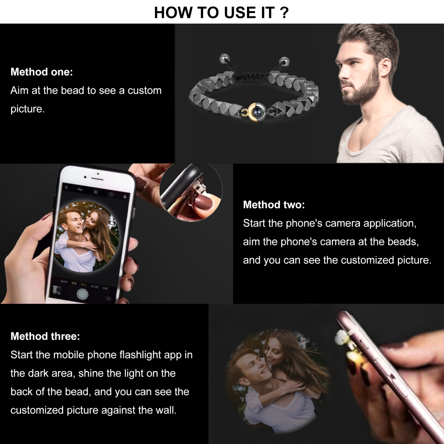 Bracelet Personnalisé Bracelet Photo Projection Bracelet Hématite Noir pour Homme｜ Jessemade