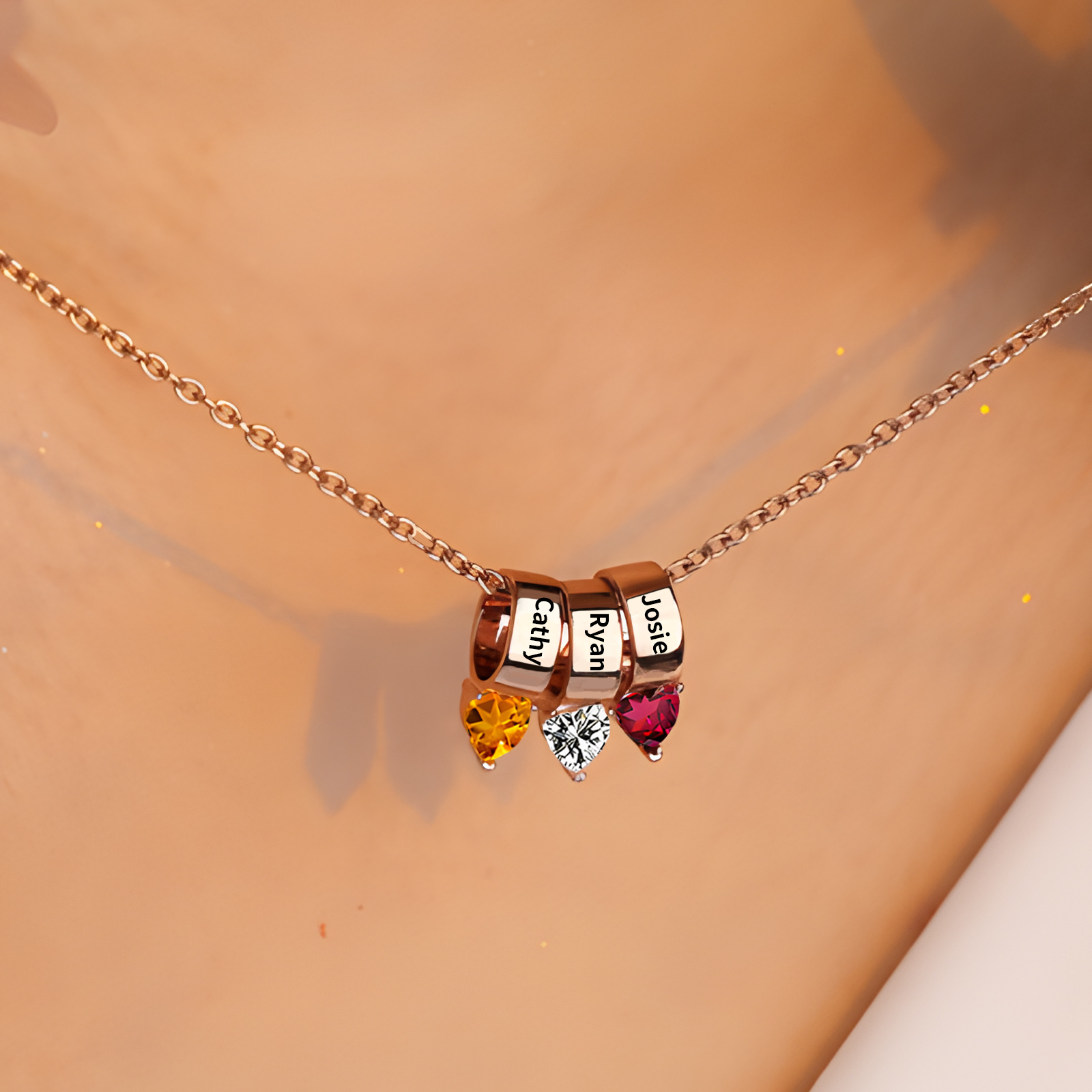 Collier Pendentif Cœur 3 Prénoms et Pierres de Naissance Personnalisés Collier Femmes