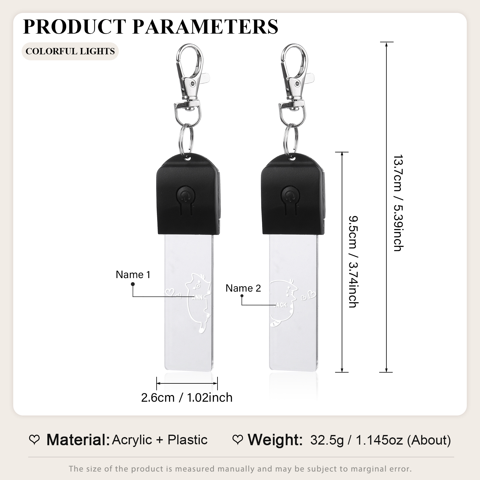 2PCS Porte-Clés 2 Prénoms Personnalisés pour Couple Porte-Clés lumières colorées