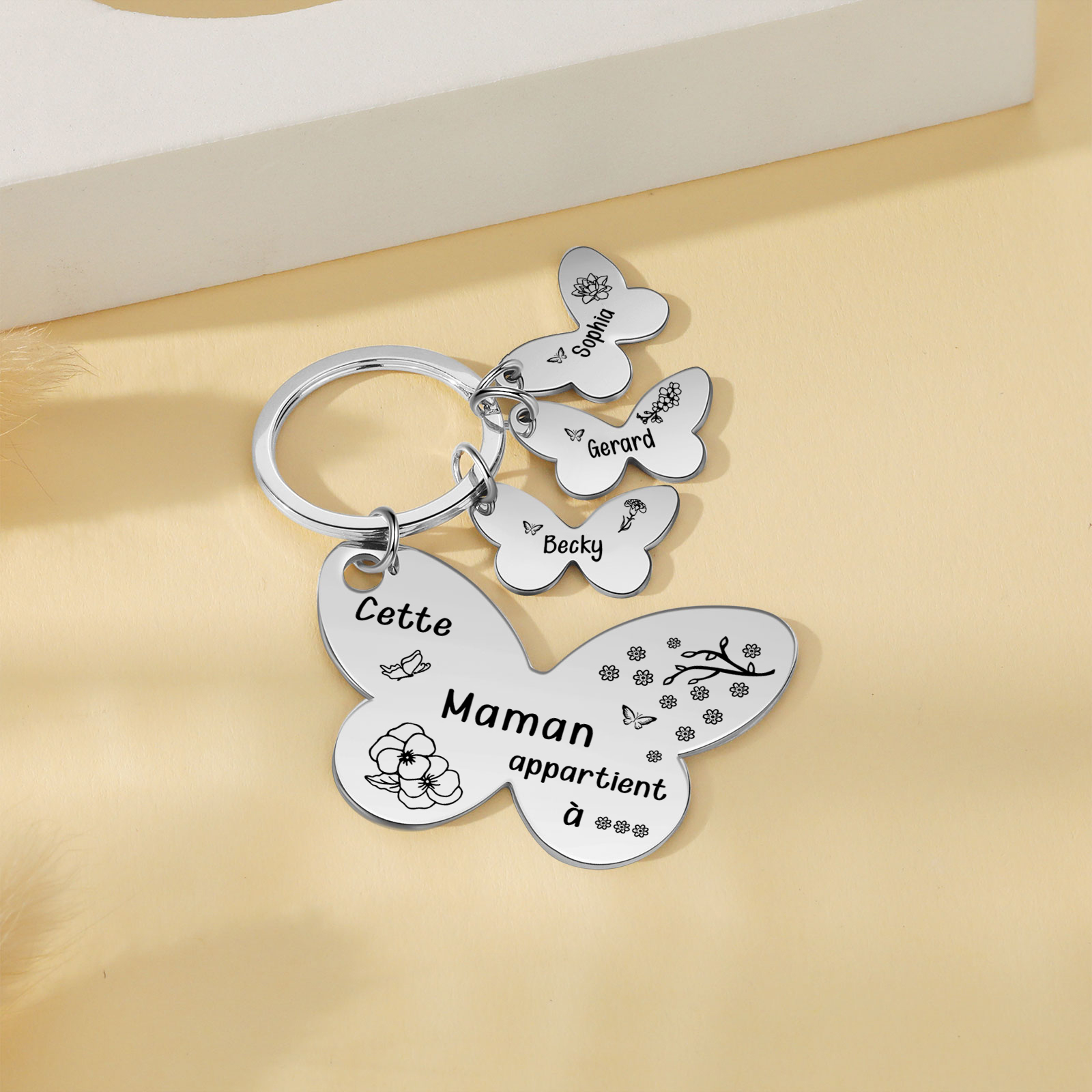 À Maman/Mamie - Porte-Clés Papillon 3 Prénoms et Fleurs de Naissance Personnalisés avec Texte 