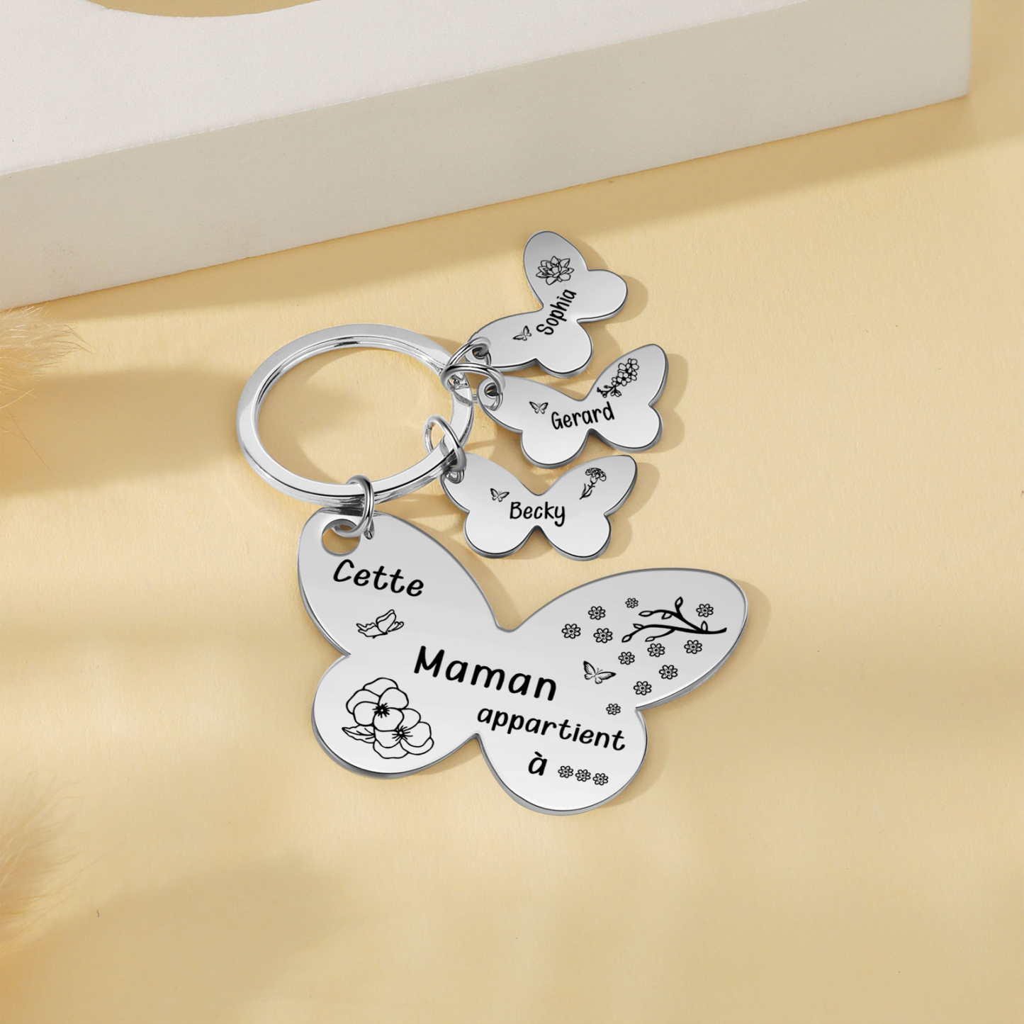 À Maman/Mamie - Porte-Clés Papillon 3 Prénoms et Fleurs de Naissance Personnalisés avec Texte