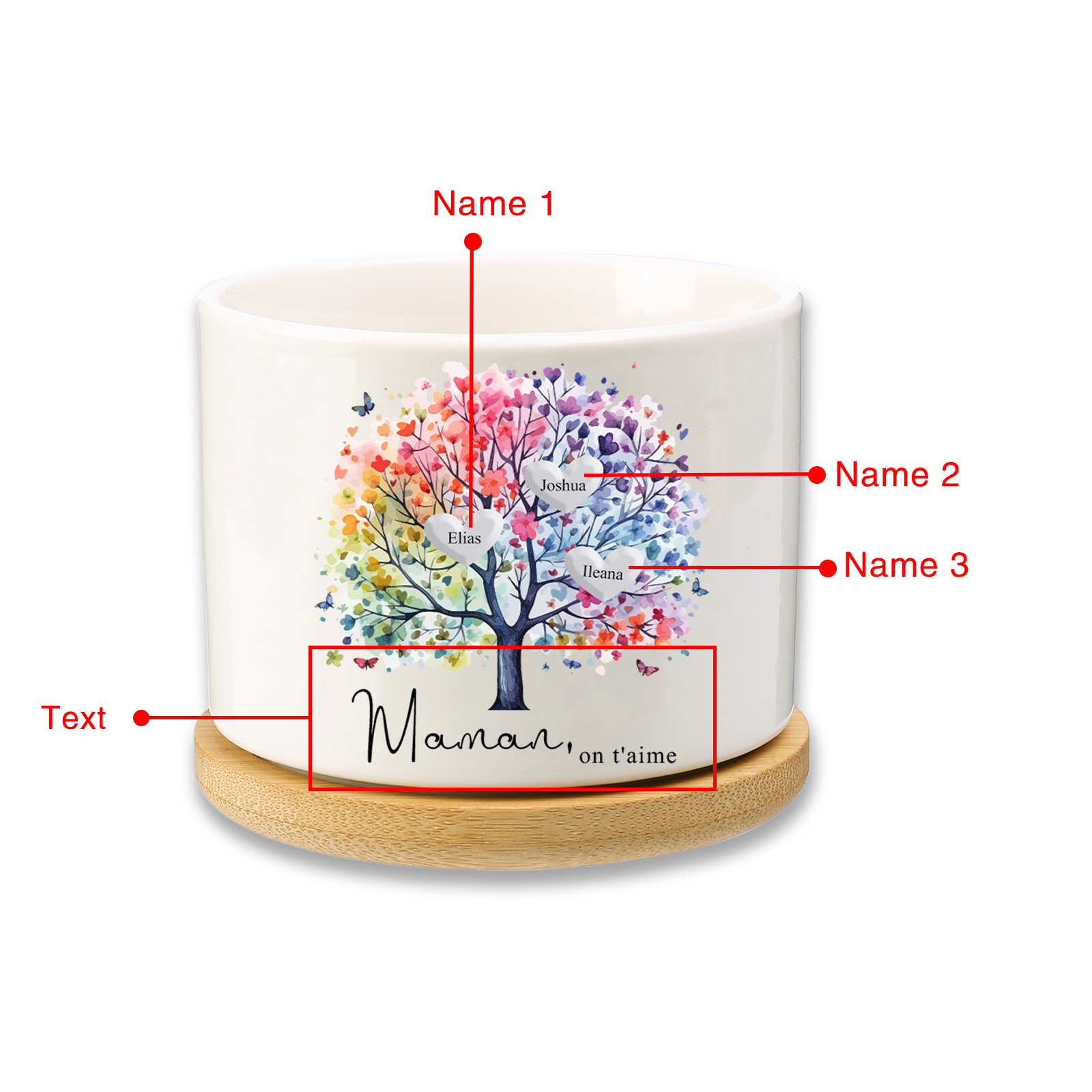 Vase/Pot de Fleurs Arbre 3 Prénoms Personnalisés avec Texte Décoration de la Maison (sans plantes)
