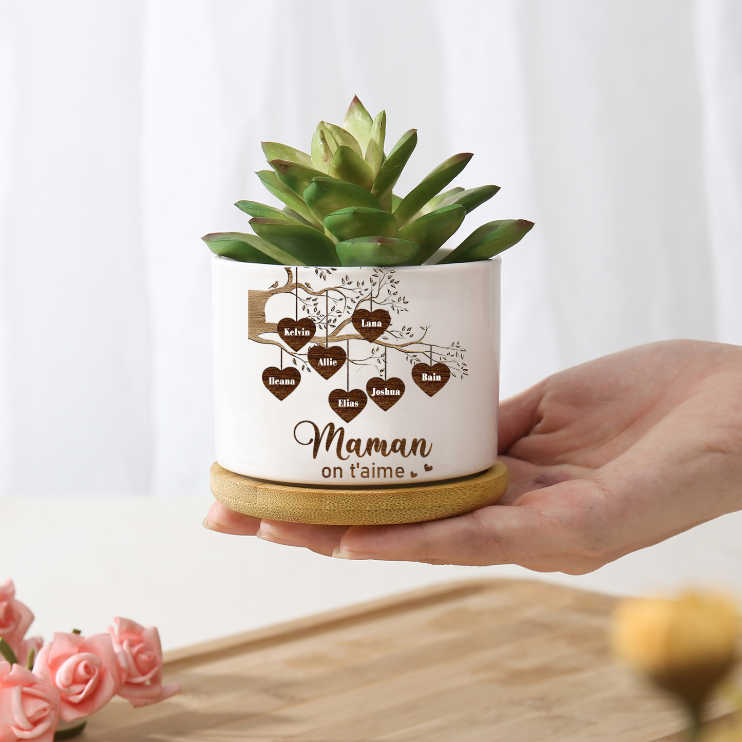 Vase/Pot de Fleurs Arbre de vie 7 Prénoms Personnalisés avec Texte Décoration de la Maison (sans plantes)