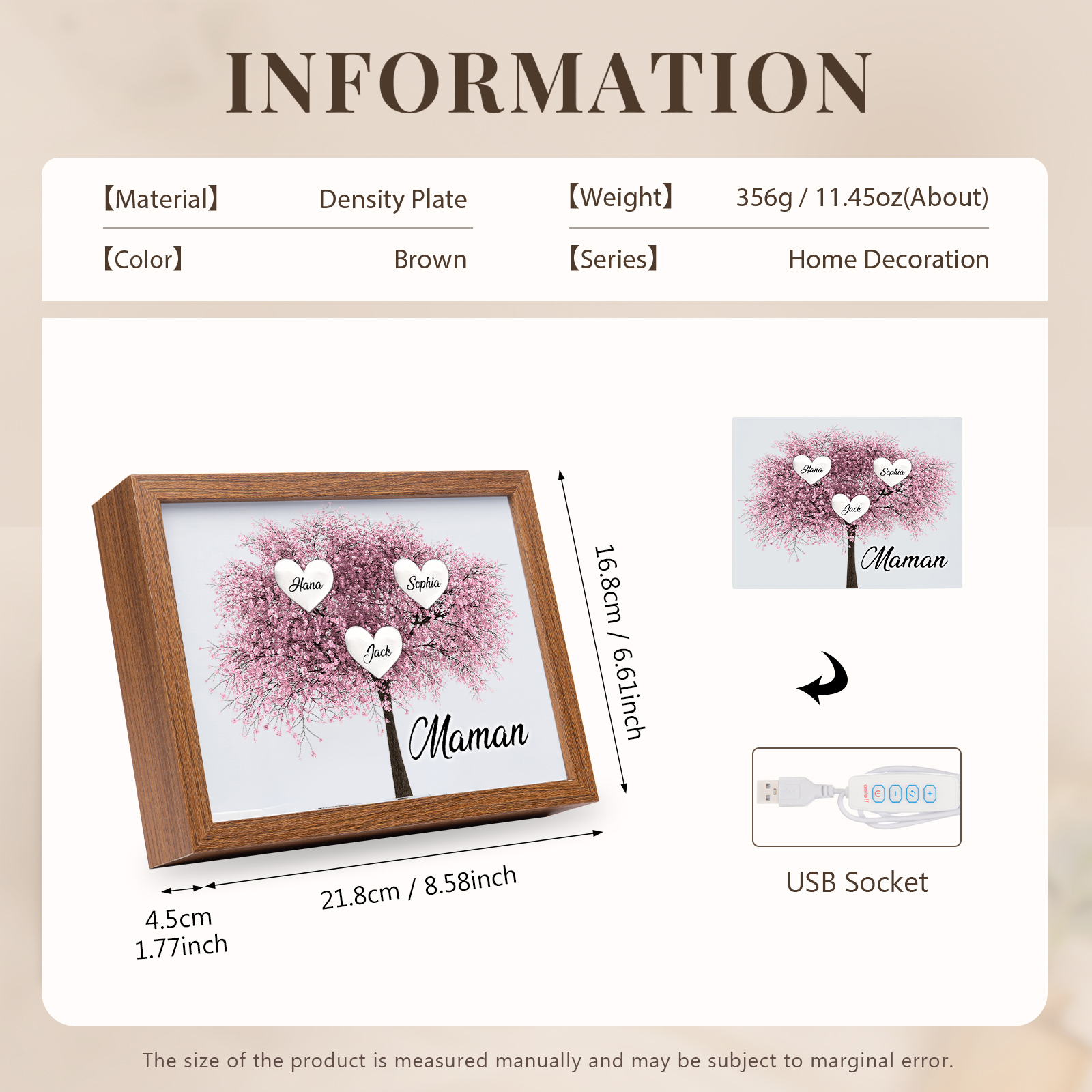 Cadre Photo LED Arbre de Vie 3 Prénoms et 1 Texte Personnalisé Décoration Famille
