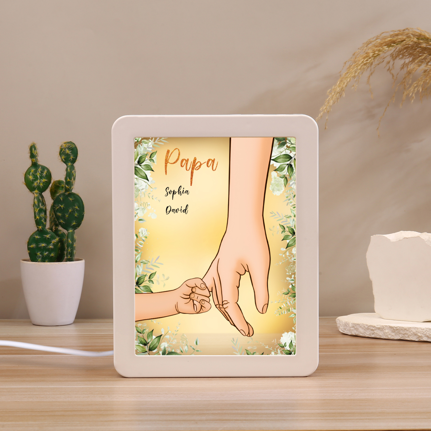 Lampe LED/Cadre Photo/Miroir multifonctionnel la main dans la main 2 Prénoms et 1 Tetxe Personnalisés Cadeau Créatif pour Famille