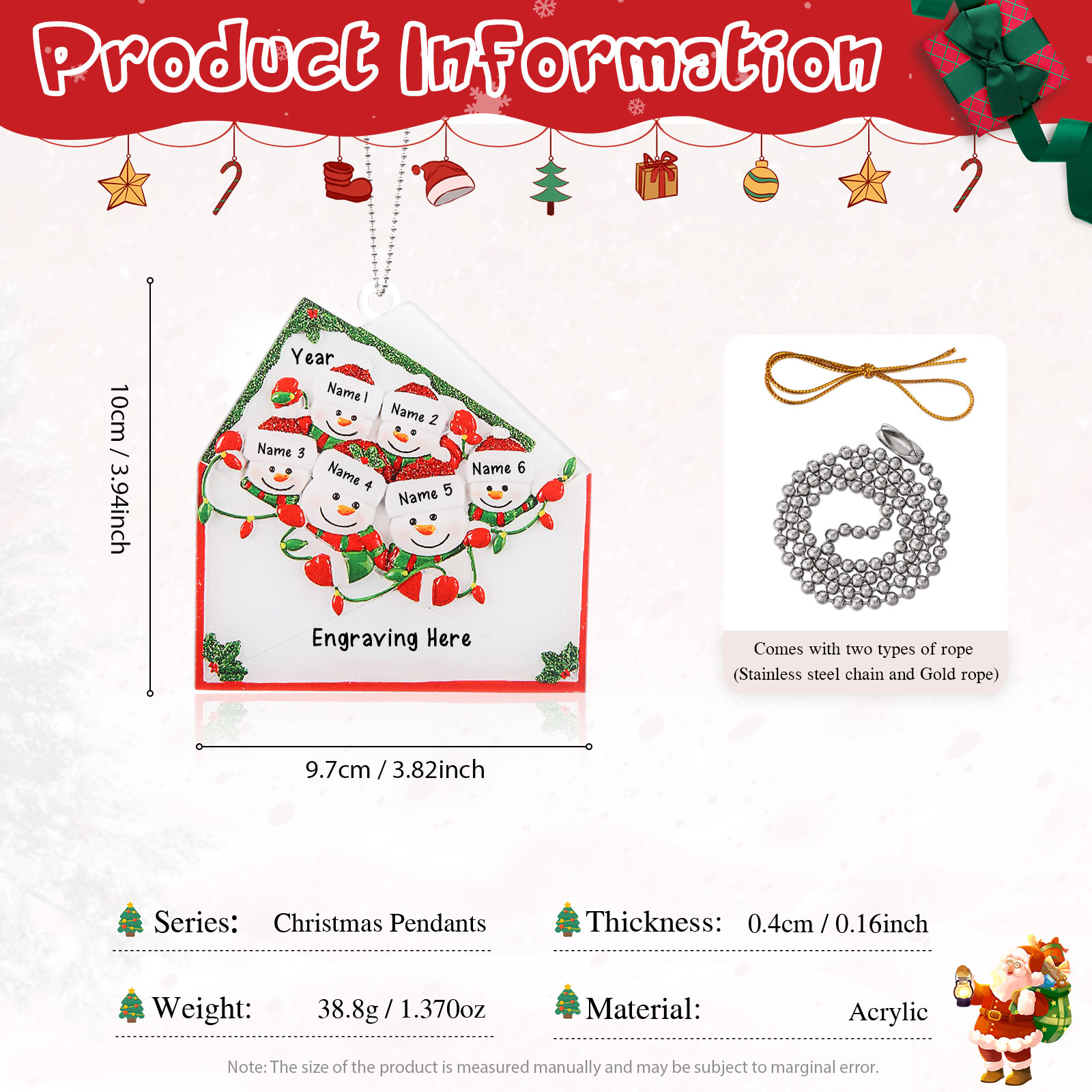 2-6 Noms Ornements de Noël Acrylique Personnalisés avec Texte et Année Bonhomme de neige