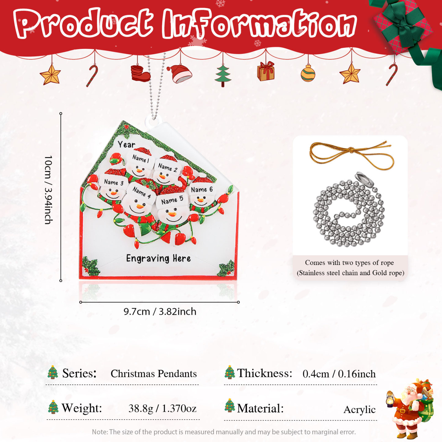 2-6 Noms Ornements de Noël Acrylique Personnalisés avec Texte et Année Bonhomme de neige