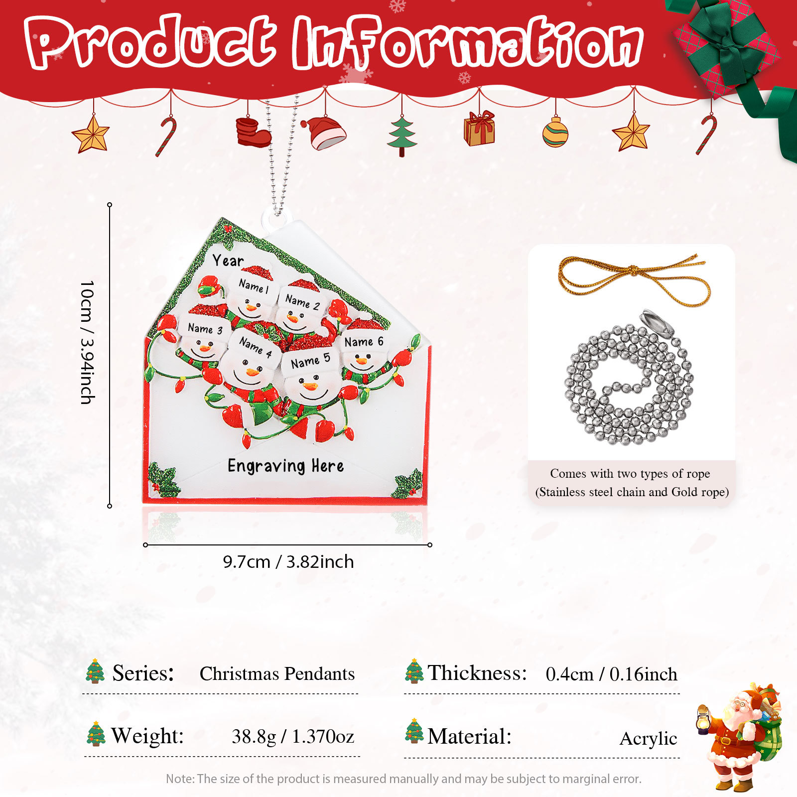 2-6 Noms Ornements de Noël Acrylique Personnalisés avec Texte et Année Bonhomme de neige