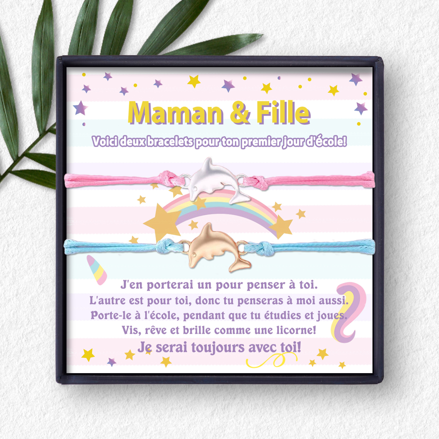 À Ma Fille-2PCS Bracelet en Commun Bracelets Dauphin Cadeau Rentrée Scolaire Premier Jour d’École pour Enfants|Jessemade