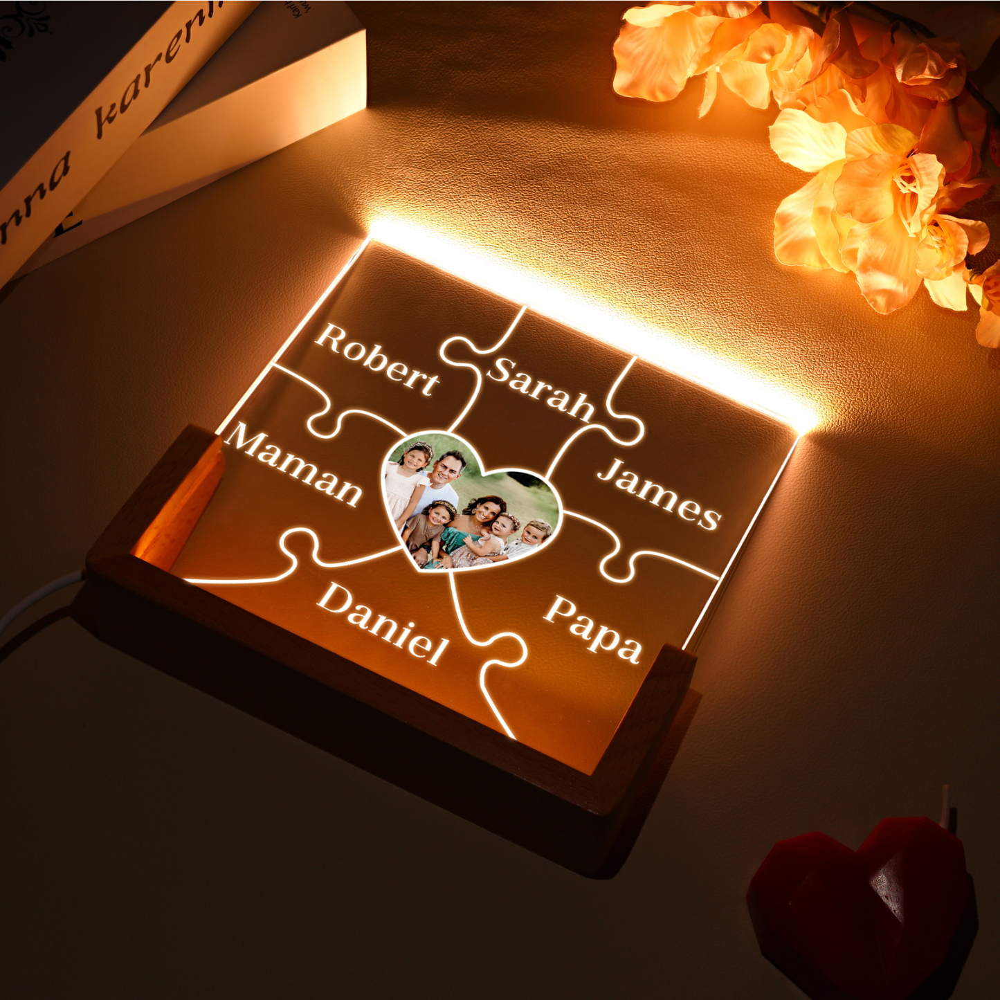 Lampe de chevet LED Puzzles 6 Prénoms Personnalisés avec Photo pour Famille