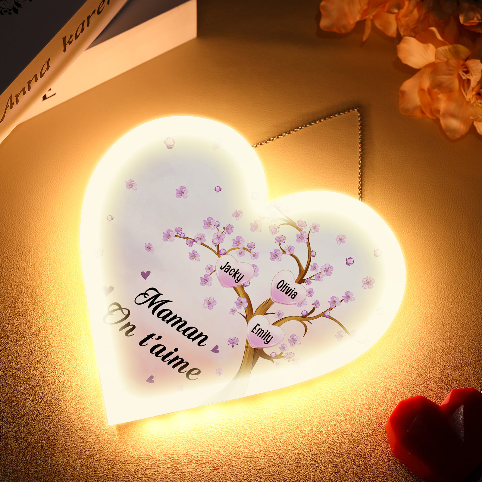 À Maman/Mamie - Veilleuse Cœur Décoration Arbre 3 Prénoms Personnalisés avec 1 Texte