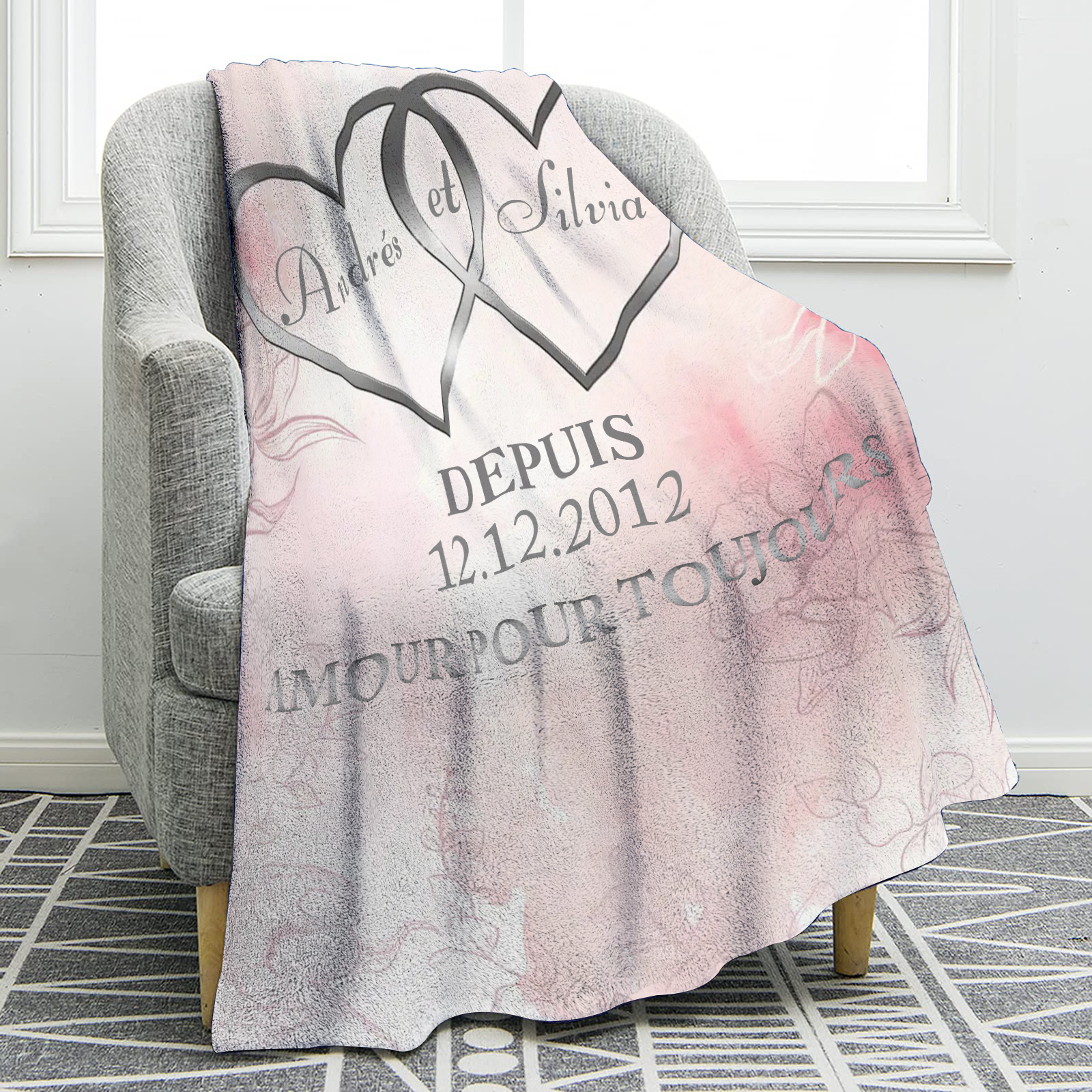 Couverture Plaids Polaire 2 Prénoms Personnalisés avec Date et Texte pour Couple | Jessemade