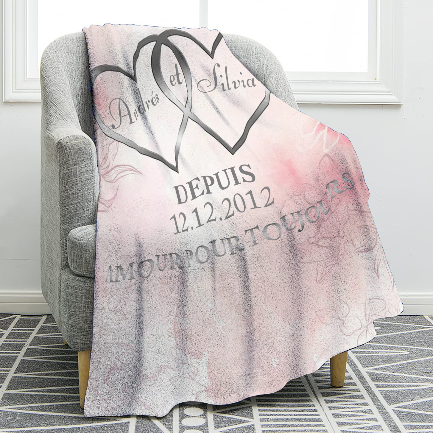 Couverture Plaids Polaire 2 Prénoms Personnalisés avec Date et Texte pour Couple | Jessemade