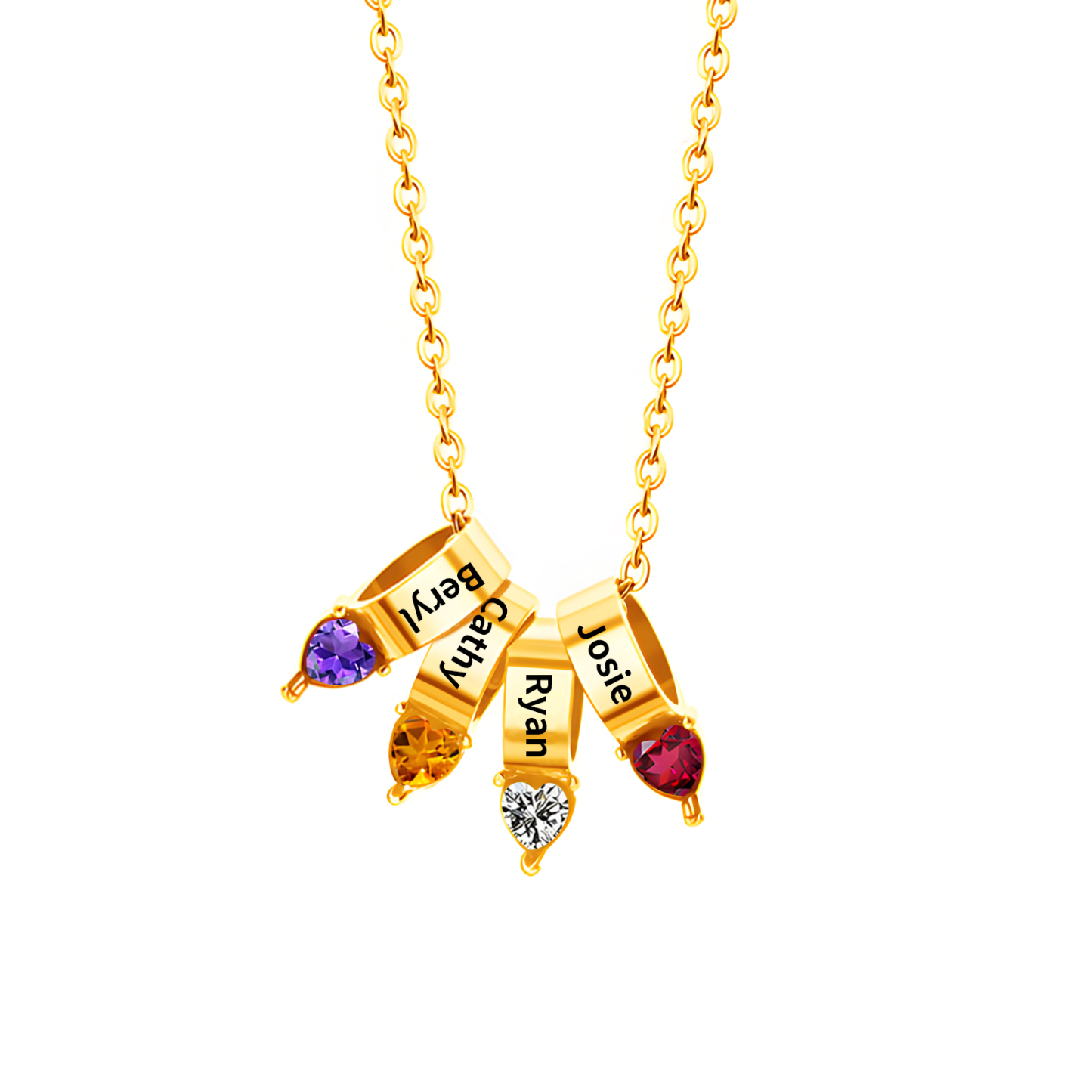 Collier Pendentif Cœur 4 Prénoms et Pierres de Naissance Personnalisés Collier Femmes