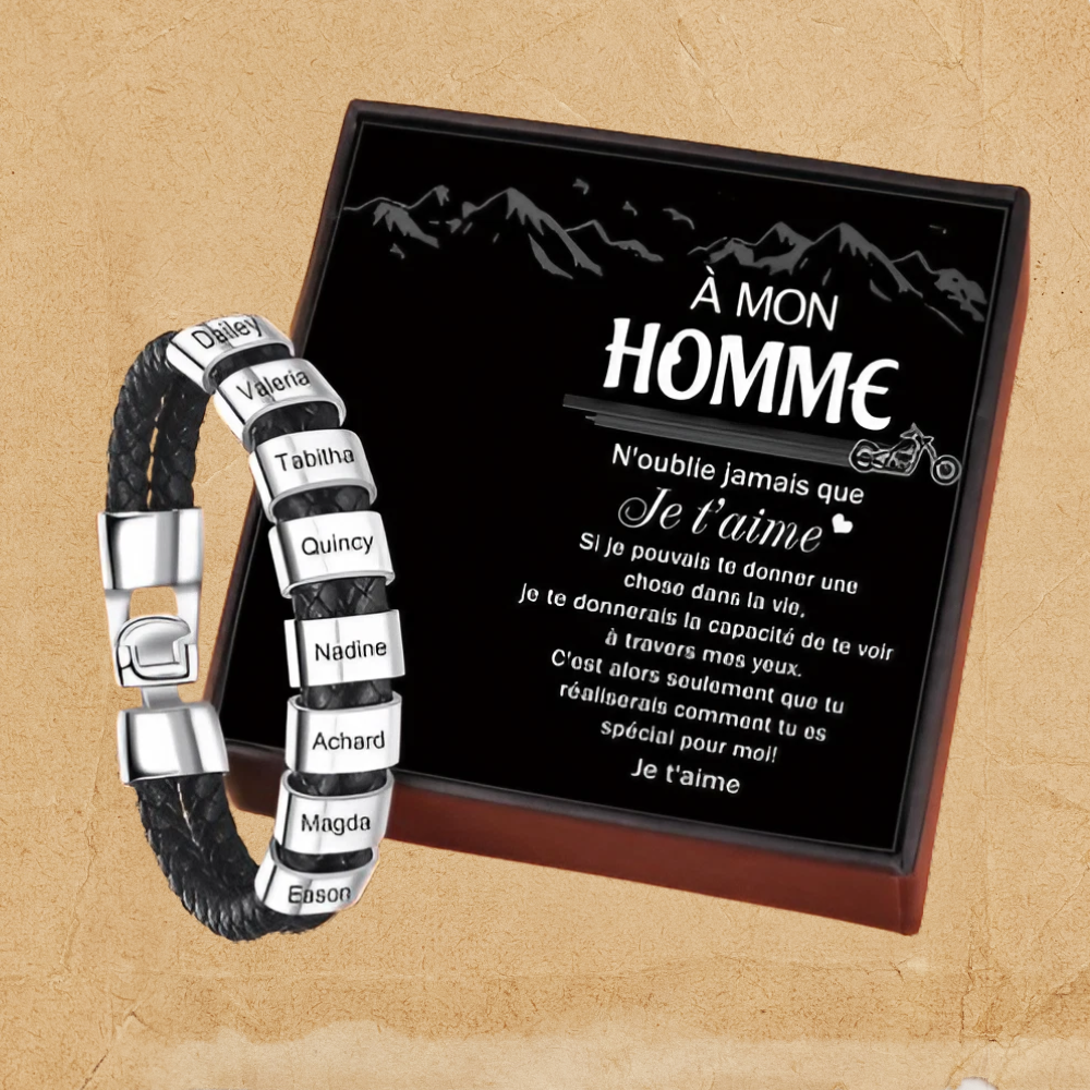 À mon homme - Bracelet en cuir tressé à perles personnalisé pour petit-ami / mari avec 8 prénoms gravés