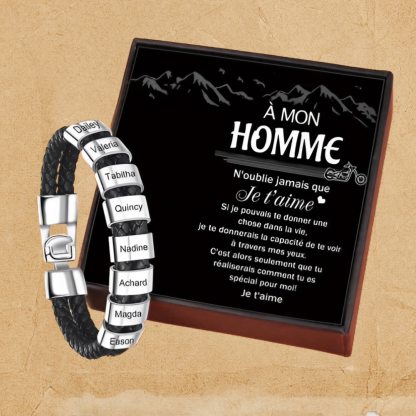 À mon homme - Bracelet en cuir tressé à perles personnalisé pour petit-ami / mari avec 8 prénoms gravés