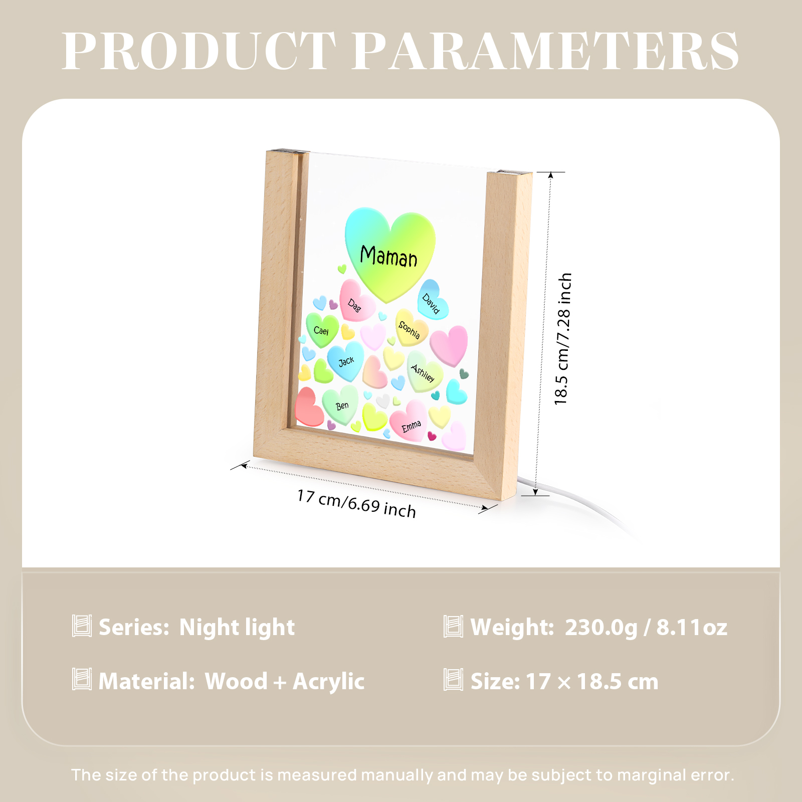 À Maman/Mamie - Lampe de chevet LED Cœurs 8 Prénoms Personnalisés avec 1 Texte