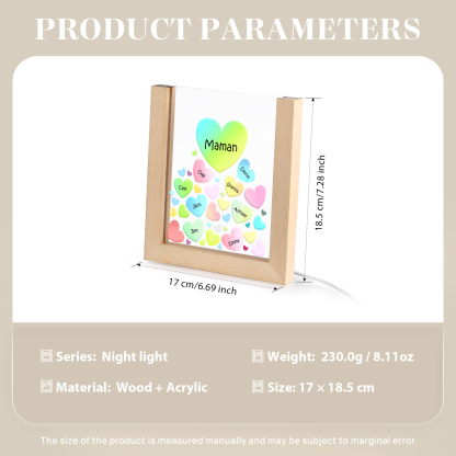 À Maman/Mamie - Lampe de chevet LED Cœurs 8 Prénoms Personnalisés avec 1 Texte