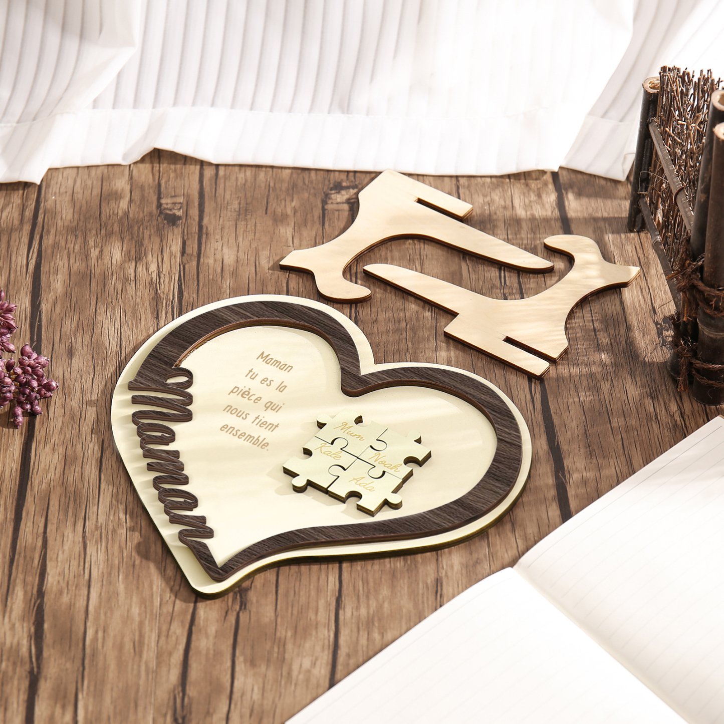 À ma Maman - Décoration en bois Cœur Puzzle 4 Prénoms Personnalisés Ornement pour Famille
